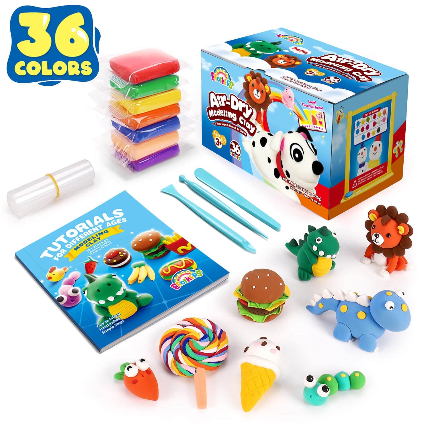 Sago Brothers 36 Colors Modeling Clay for Kids with 3 Tools & Tutorial Book