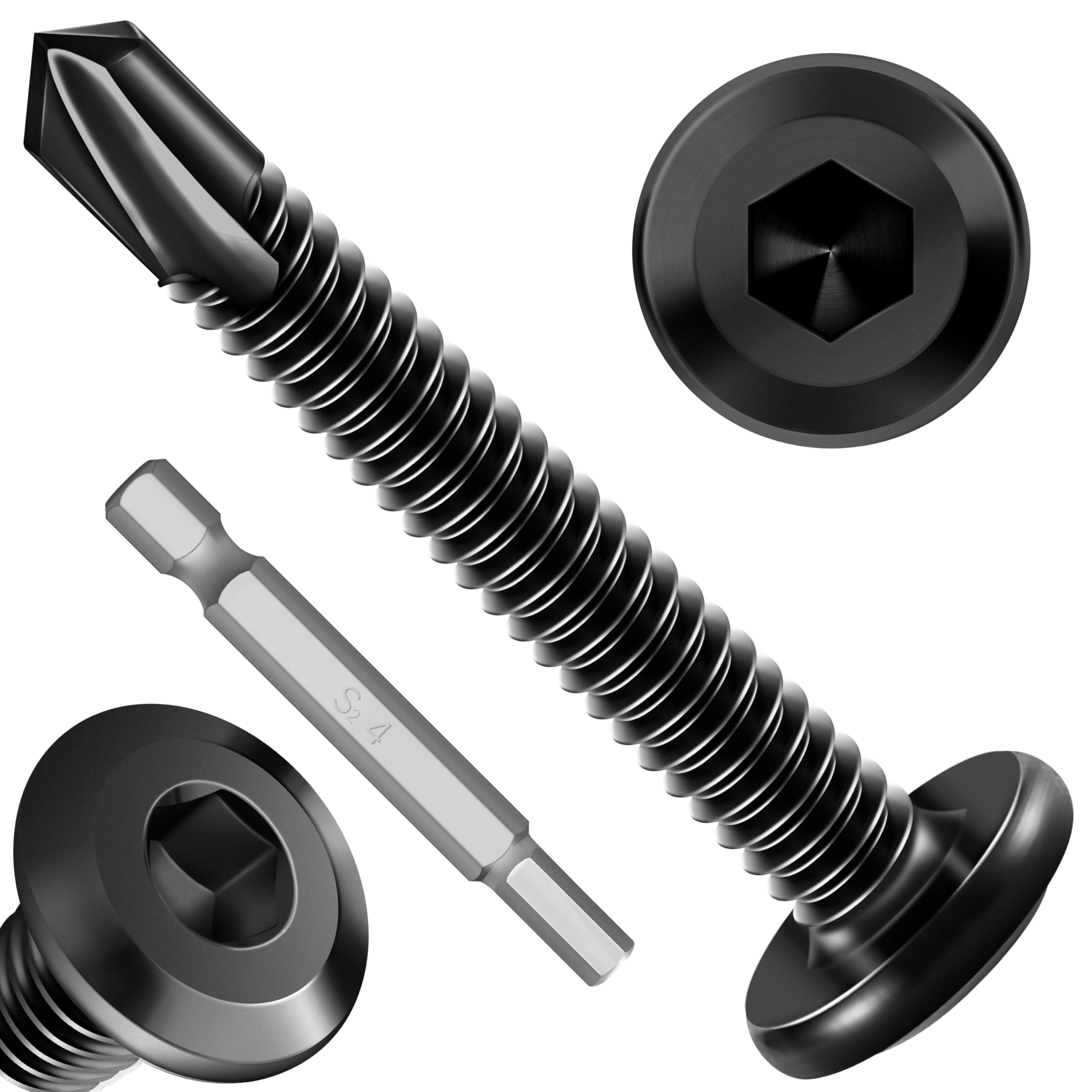 EASTPUK 100Pcs 10 x 1-1/2" Sheet Metal Screws, Stainless Steel Flat Head Socket Cap Self Drilling Screw, Allen Socket Drive Black Oxide, Self Tapping Screws with Drill Bit