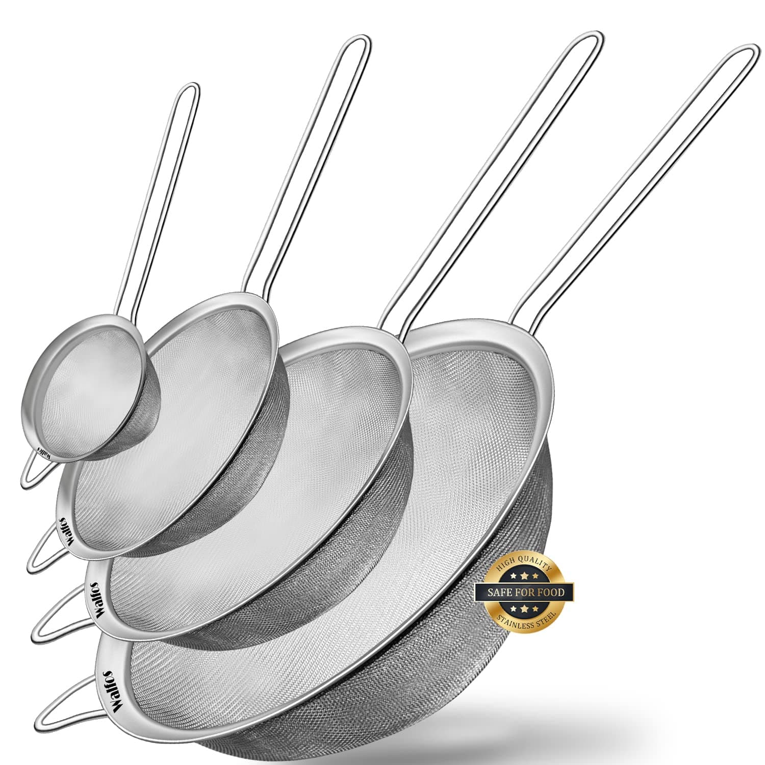 Walfos Fine Mesh Strainer Set of 4-9.5", 7", 4.7", 2.8", Multipurpose Stainless Steel Mesh Sieve with Handle, Kitchen Fine Strainers Sifters for Food, Rice, Quinoa, Fruits, Vegetables, Tea