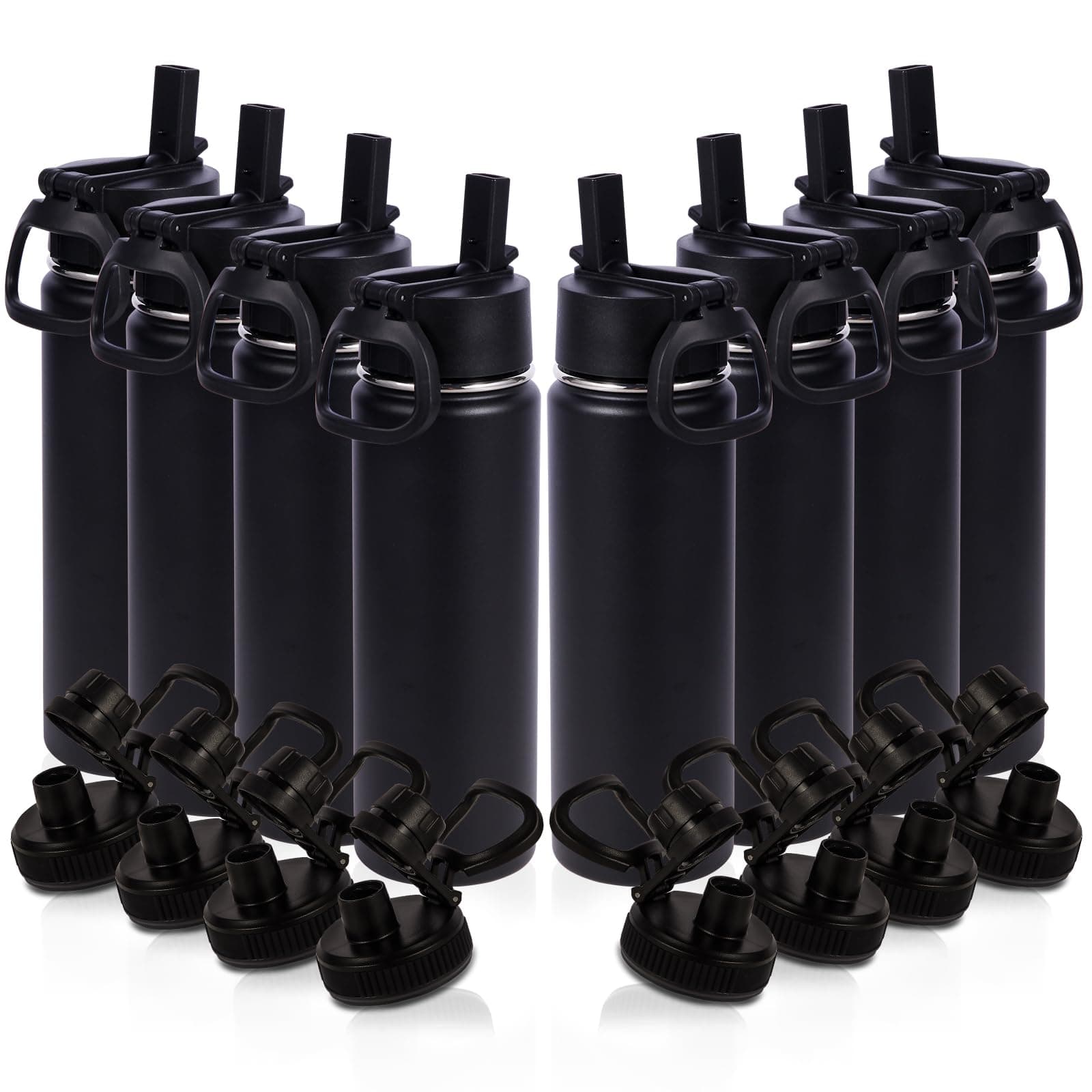 Volhoply 20oz Insulated Stainless Steel Water Bottle with Straw Lid Bulk 8 Pack,Kids Double Wall Vacuum Cups with Handle,Reusable Outdoor Sports Metal Bottles,Travel Flask Keep Cold(Black,8)