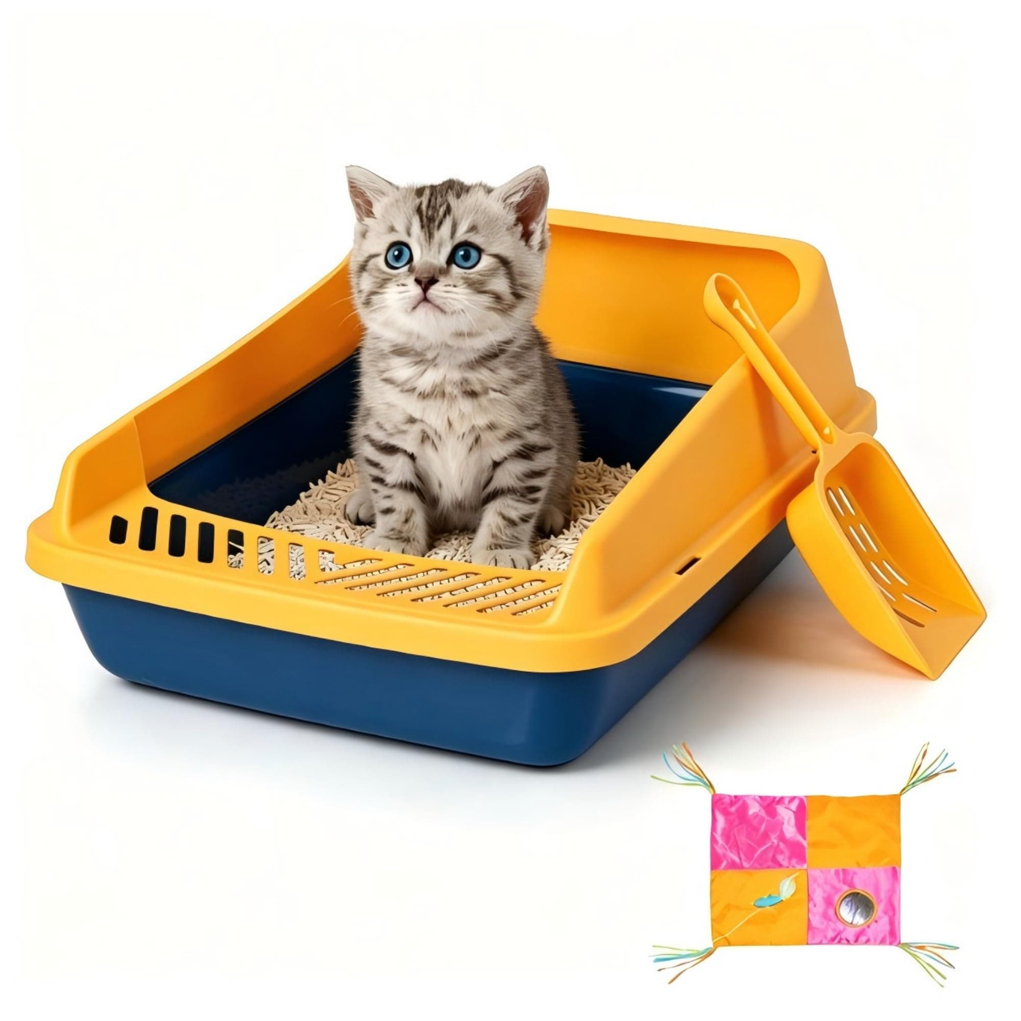 Pawise Foldable Cat Litter Box, Low Entry Collapsible Kitten Litter Box with Scoop, Travel Pet Potty Pan & Anti-Splash Toilet for Kittens (with Cat Play Mat) (Blue)