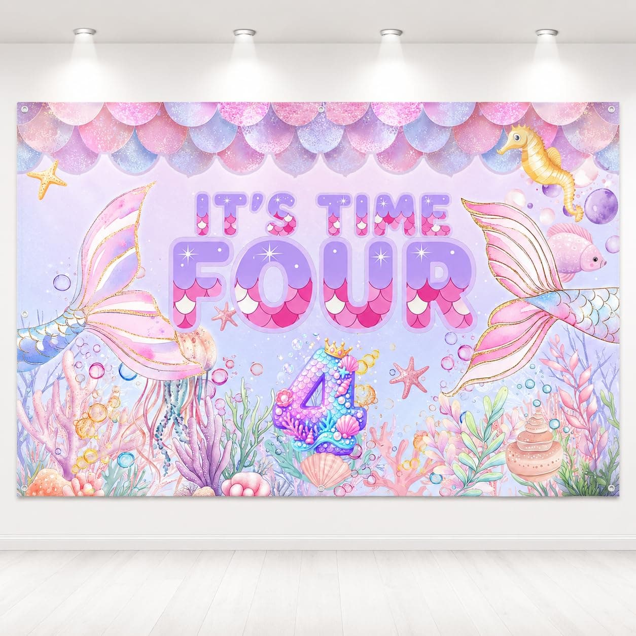 Mermaid 4th Birthday Party Decorations for Girl Purple Blue Pink Mermaid 4th Party Decorations It's Time Four Birthday Banner for Girls