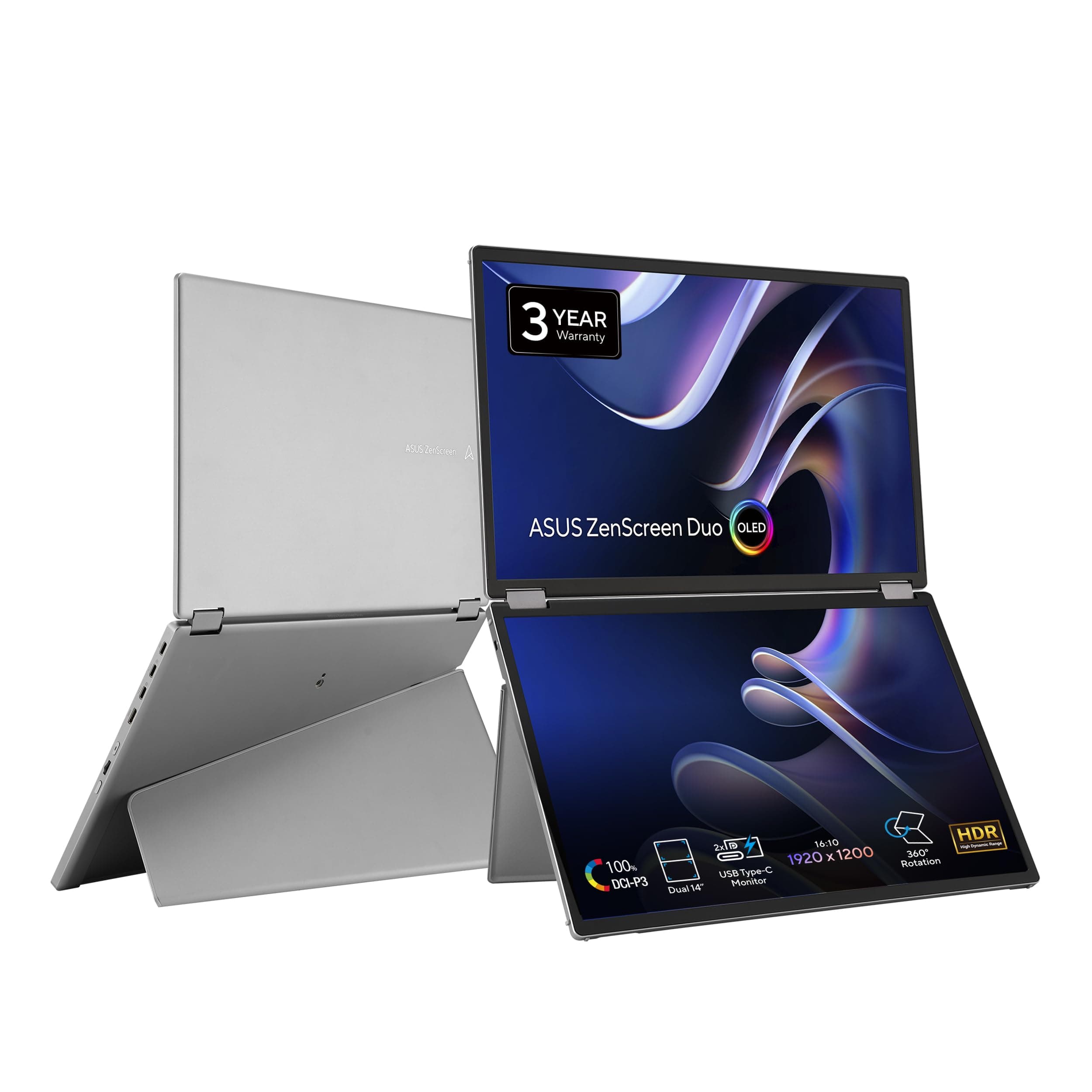 ASUS ZenScreen Duo OLED 360° Foldable Portable Monitor (MQ149CD) - Dual 14-inch, 16:10, 1920x1200, DisplayHDR400 True Black, 100% DCI-P3, Delta<2, Dual USB-C, Mini-HDMI, Kickstand, 3 yr Warranty
