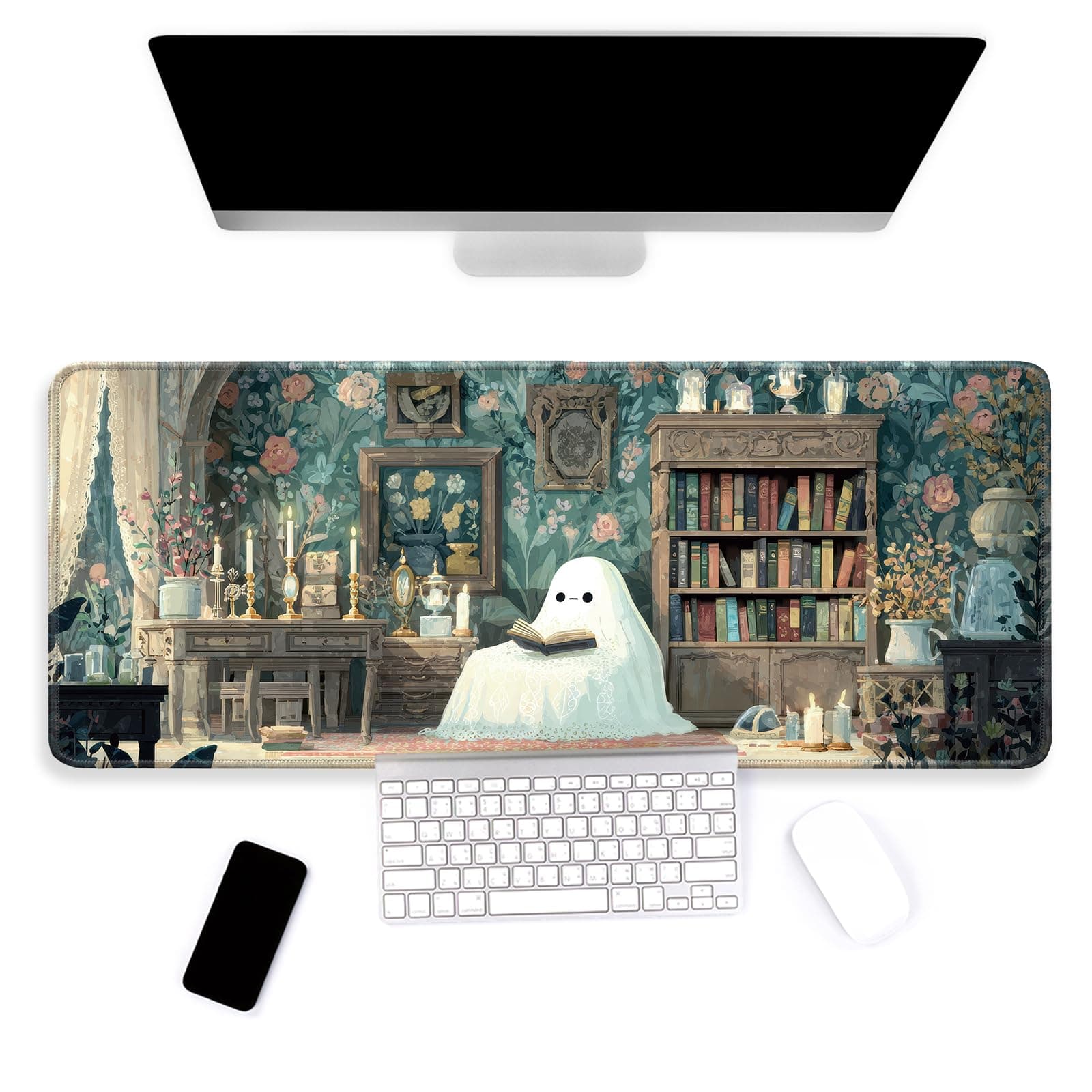 YEYE JUICE Large Mouse Pad, Big Gaming Mousepad, Desk Mat for Desktop, Thick Non-Slip Waterproof Rubber Base, Mouse Pads for Office, Computer, Keyboard, Laptop 31.5x11.8 in, Cute Ghost Reading