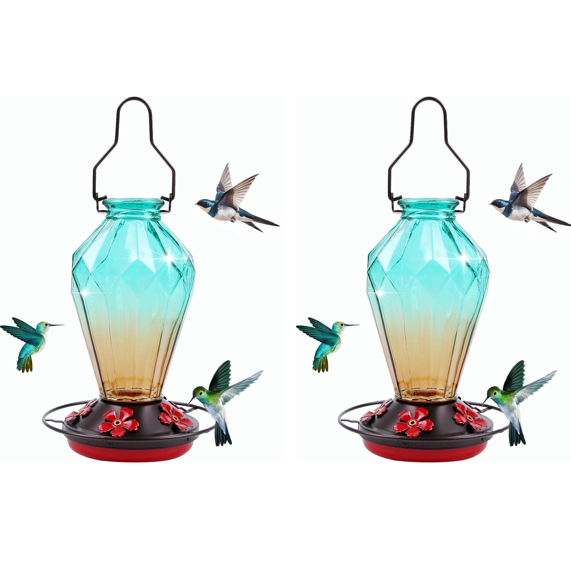 2 Pack Glass Hummingbird Feeder for Outdoors Hanging, 25Oz Humming Bird Nectar Feeder, Perch, 5 Flower Feeding Ports, Leak Proof Base, Hook for Outside Garden Backyard, Gift for Women, Diamond Green