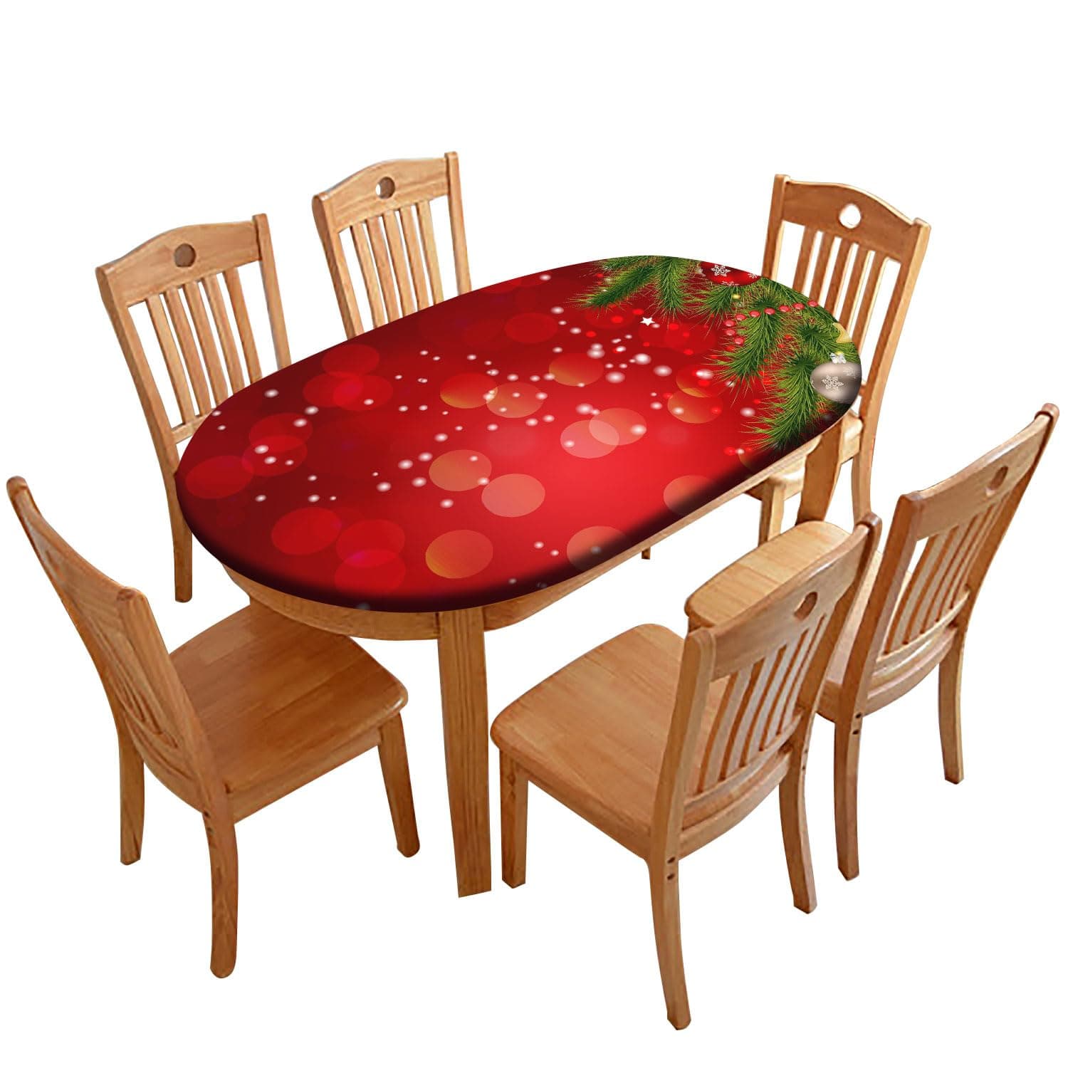Dansfeng Christmas Tree Fitted Elastic Edge Cover, Red Christmas Ball and Snowflakes Oval Table Covers for Indoor Dining, Outdoor Picnic Parties, Camping, 54" x 76" (Oval)