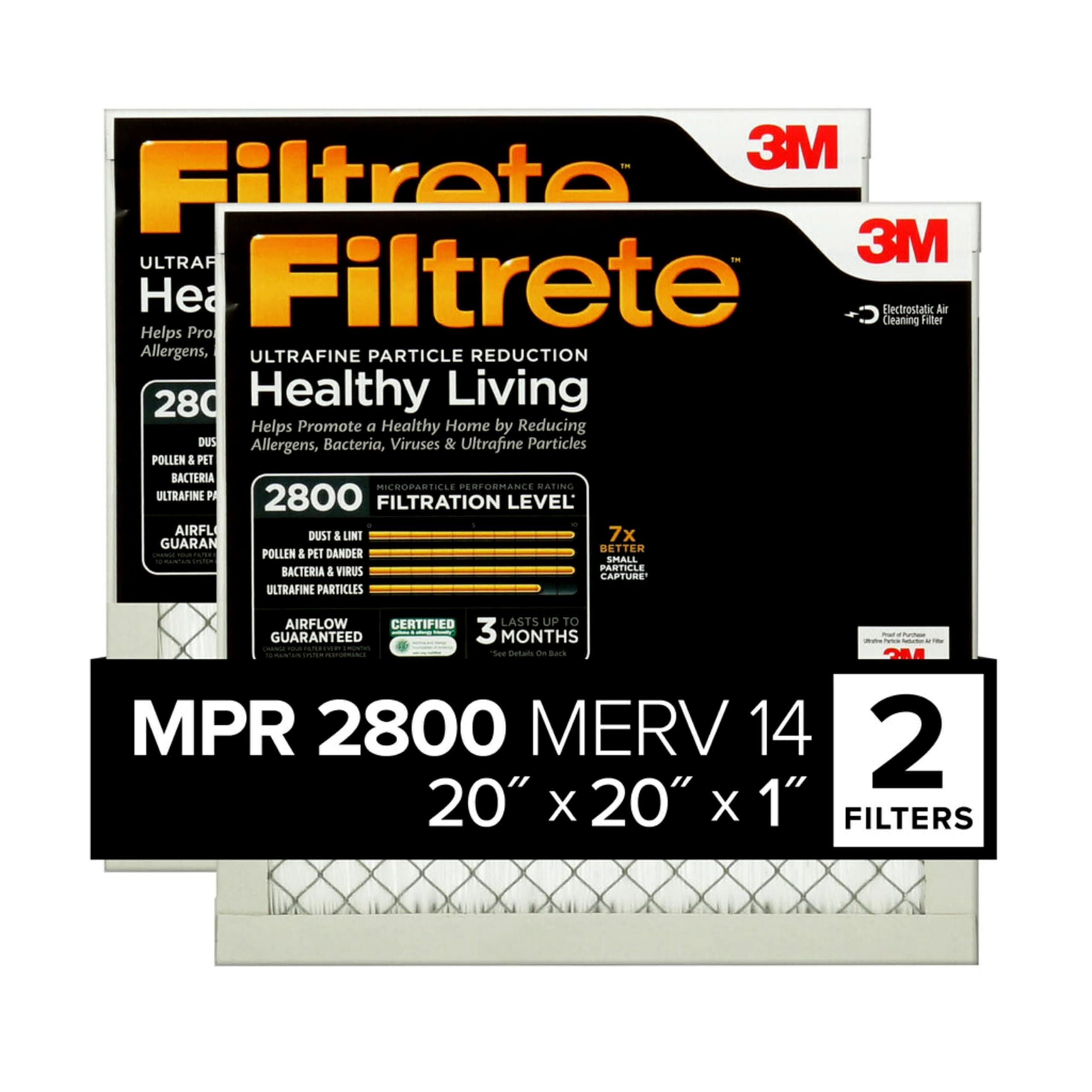 Filtrete 20x20x1 Air Filter, MERV 14, MPR 2800, 2 HVAC Filters