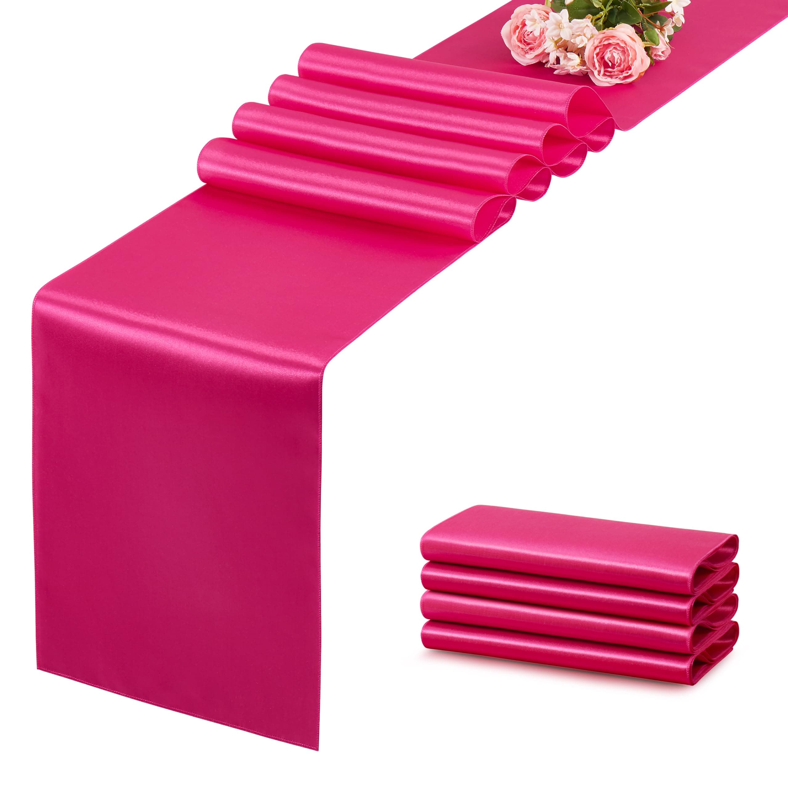 Hot Pink Table Runner 12x108 Inches Long, Satin Silk-Like Smooth Table Decor for Wedding Birthday Party, 4 Pack