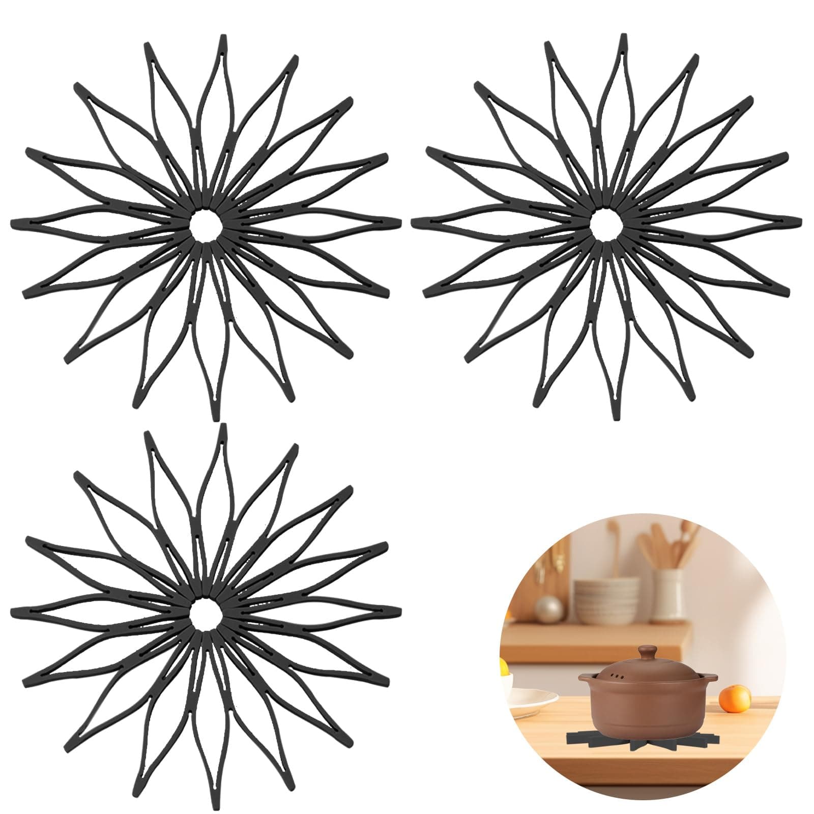 Realand 3Pcs Silicone Trivets for Hot Dishes, Fodable Non-Slip Heat Resistant Hot Pads for Kitchen Countertops Tables, Trivets for Hot Pots and Pans Pot Holders Mat, Black