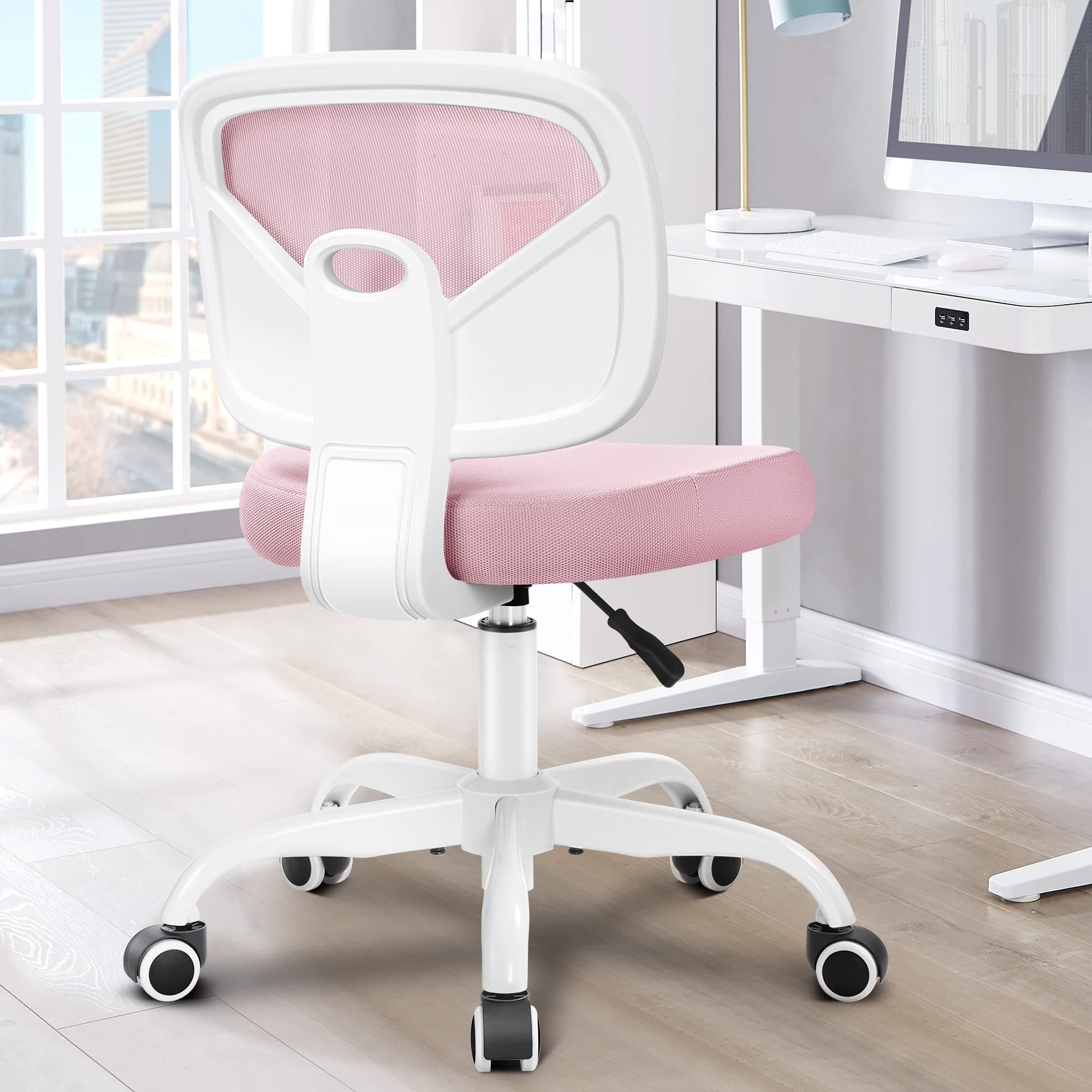 Primy Desk Office Chair Armless, Home Office Desk Chair Adjustable Height, Mid-Back Ergonomic Desk Chair Breathable Mesh Desk Chairs with Wheels for Office Bedroom Studying Room(Pink)