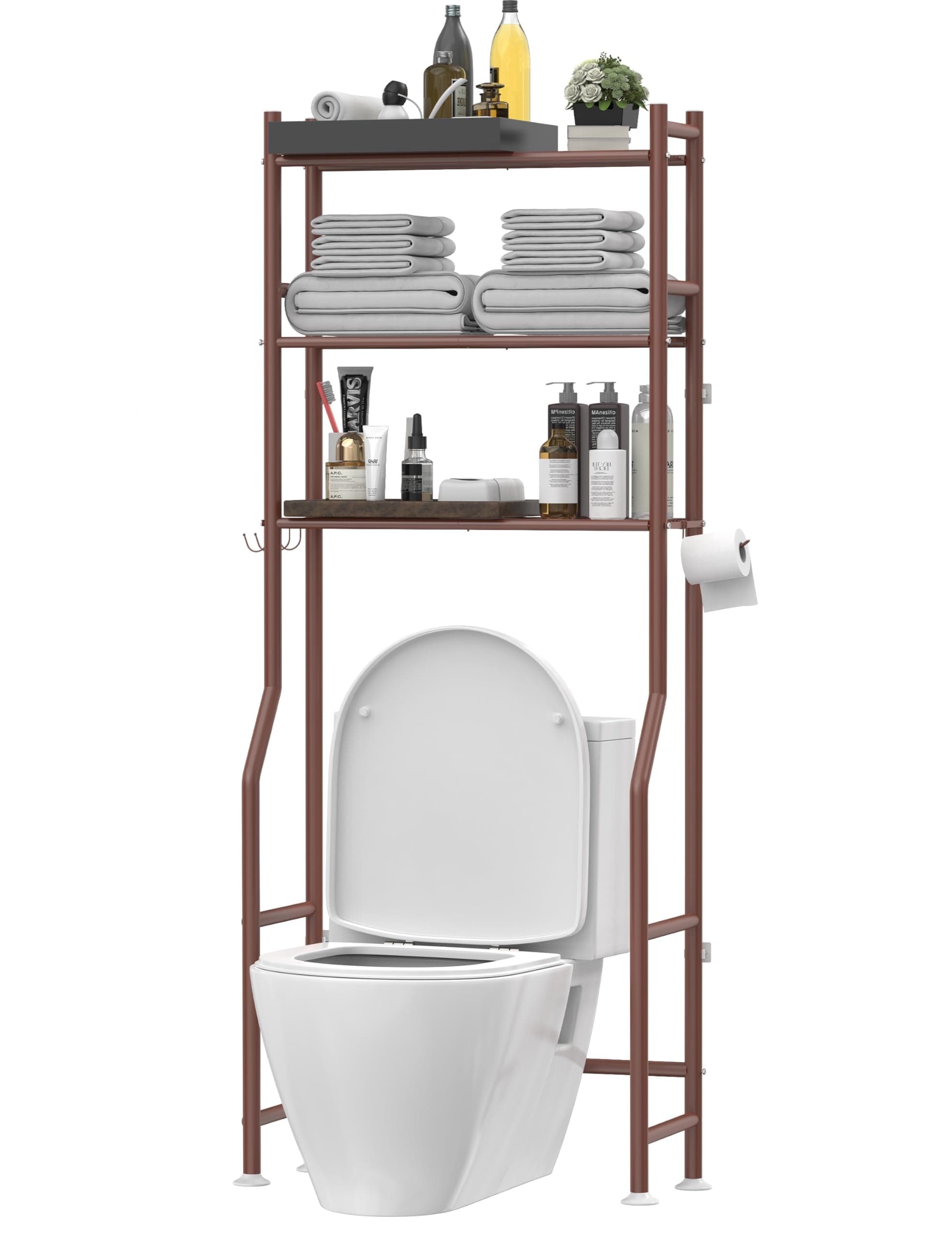 Livilord 3-Tier Over The Toilet Storage, Freestanding Metal Bathroom Shelves with 4 Hooks, Over Toilet Storage Shelf with Paper Holder, Above The Toilet Shelf for Bathroom Storage, Bronze