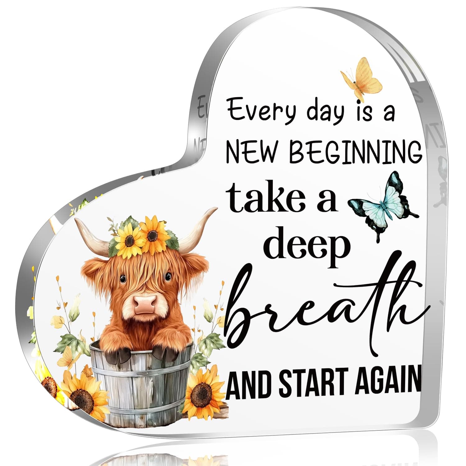 Spring Decorations Highland Cow Acrylic Keepsake Gifts for Women Friends Daughter Sister, Every day is a New Beginning Motivational and Inspirational Spring Decorations for Home, Housewarming Gift