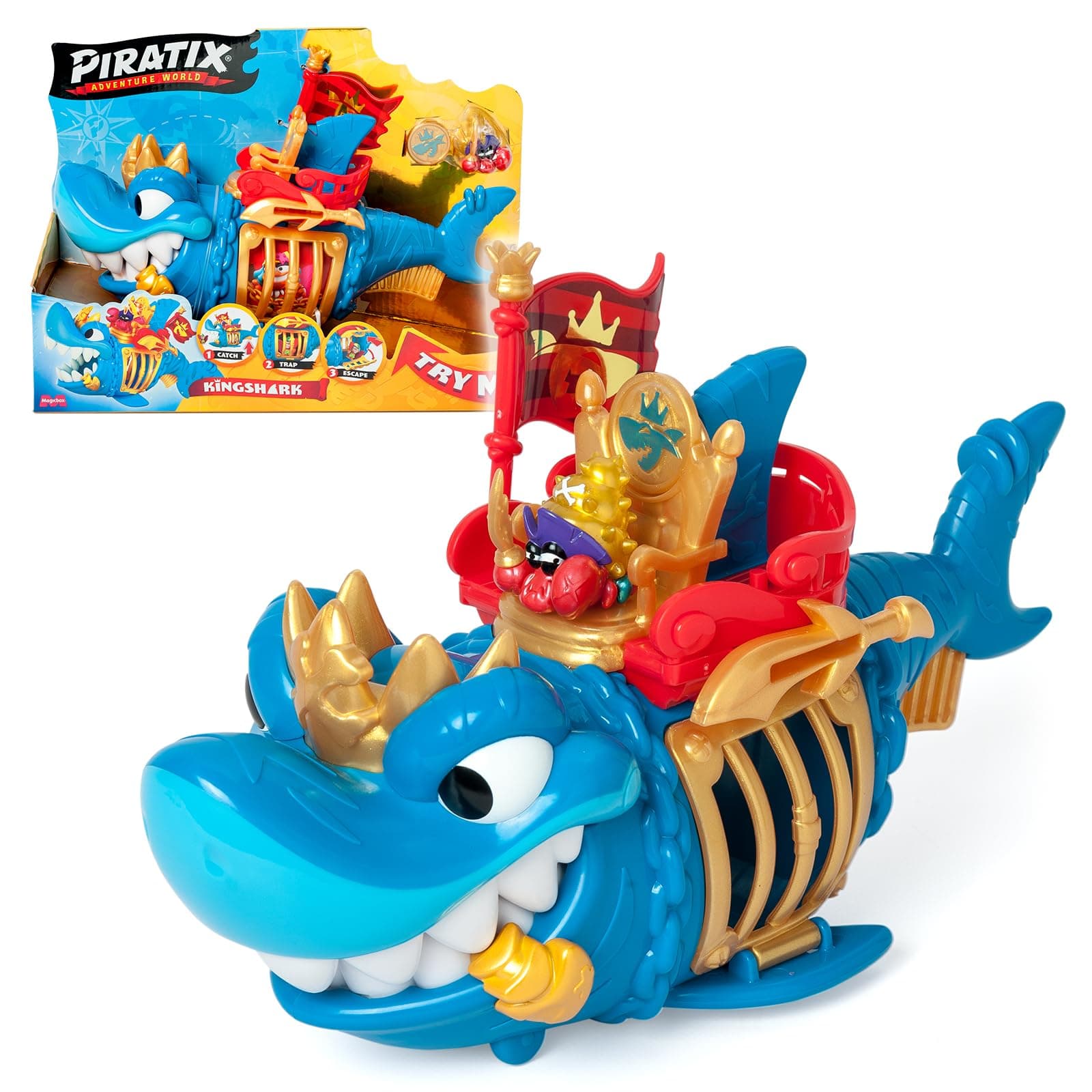 PIRATIX King Shark - Articulated Shark, with a cage to Capture Rival Piratix. Includes 1 Shark, 1 Exclusive Treasure, 1 Exclusive Piratix and 1 Accessory, Blue
