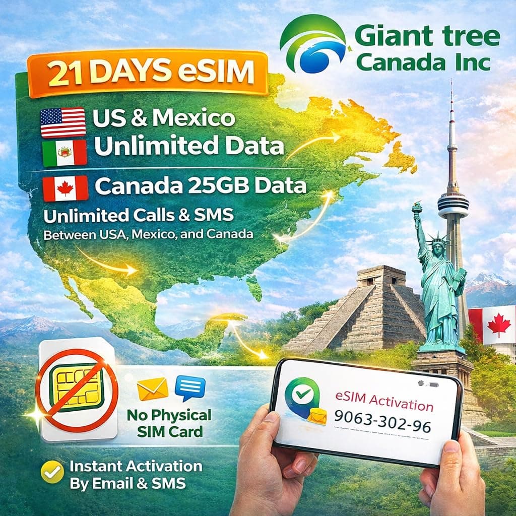 Prepaid North America Travel eSIM 21 Days - Unlimited Data in USA & Mexico, 25GB Canada - Unlimited Calls & Texts - Digital Delivery via Email (No Physical SIM) - Unlocked Phones Only