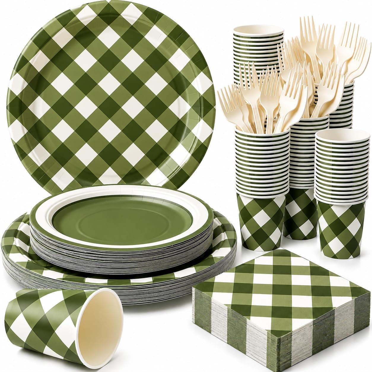 EggSun Green Gingham Plates and Napkins Party Supplies, Green and White Disposable Tableware Set, Checkegreen Plaid Paper Plates for Birthday Family Dinner Picnic Barbecue Baby Shower Decor Serves 25