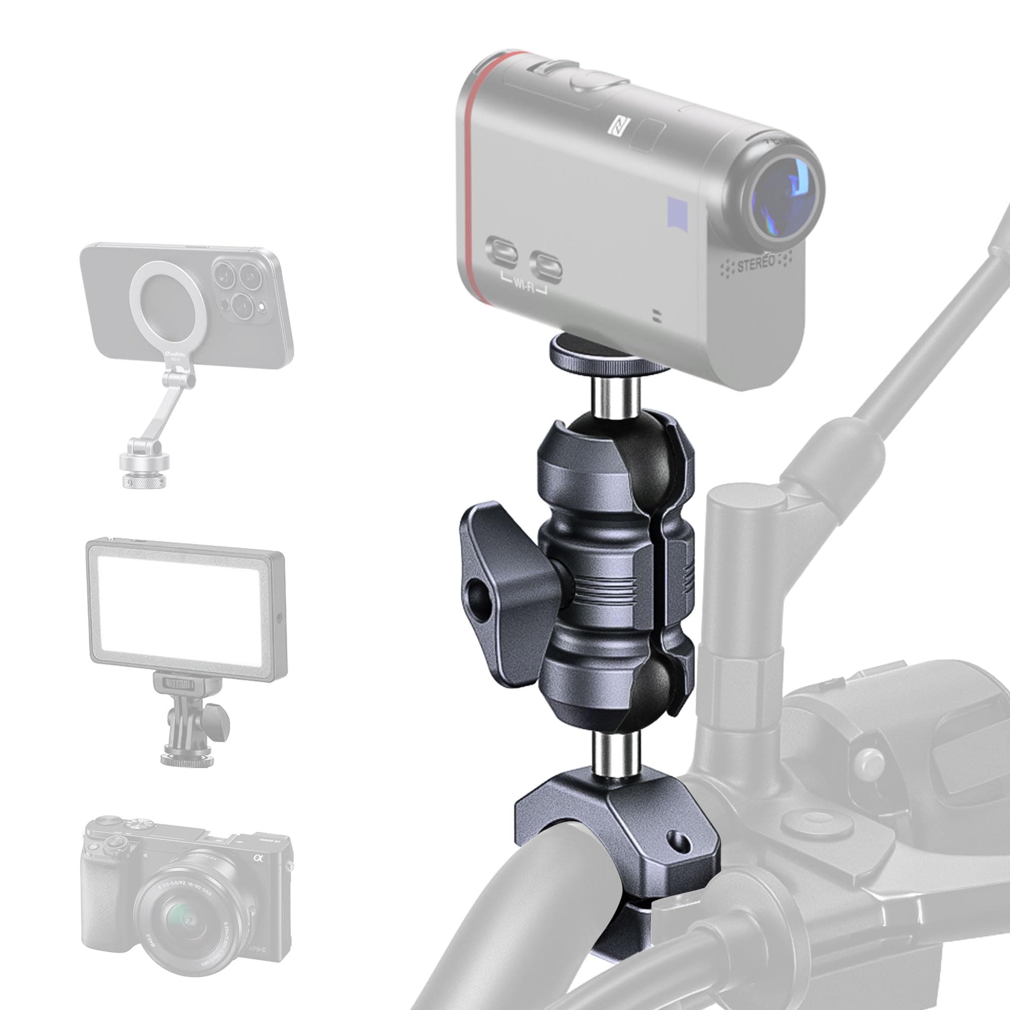 Kaparner Riding Camera Holder with 1/4" Thread Ball Adapter, Adjustable Dual Socket Arm and Aluminum Handlebar Clamp U-Bolt Base for ATV/Scooter/Bike Handlebar (KCB-2)