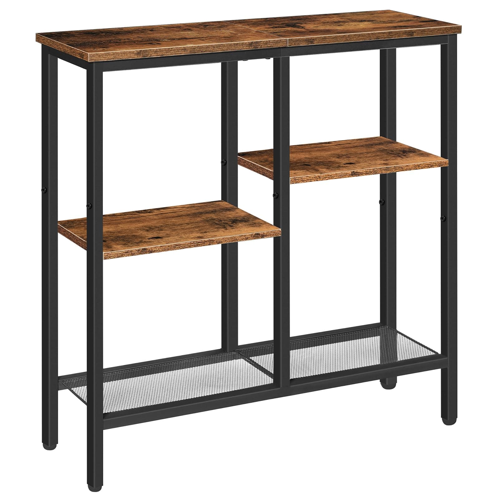 HOOBRO Console Table, Narrow Console Table, Slim Sofa Table with 4-Tier Storage Shelves, Industrial Hallway Table with Metal Mesh Shelf, for Hallway, Entryway, Living Room, Rustic Brown EBF79XG01