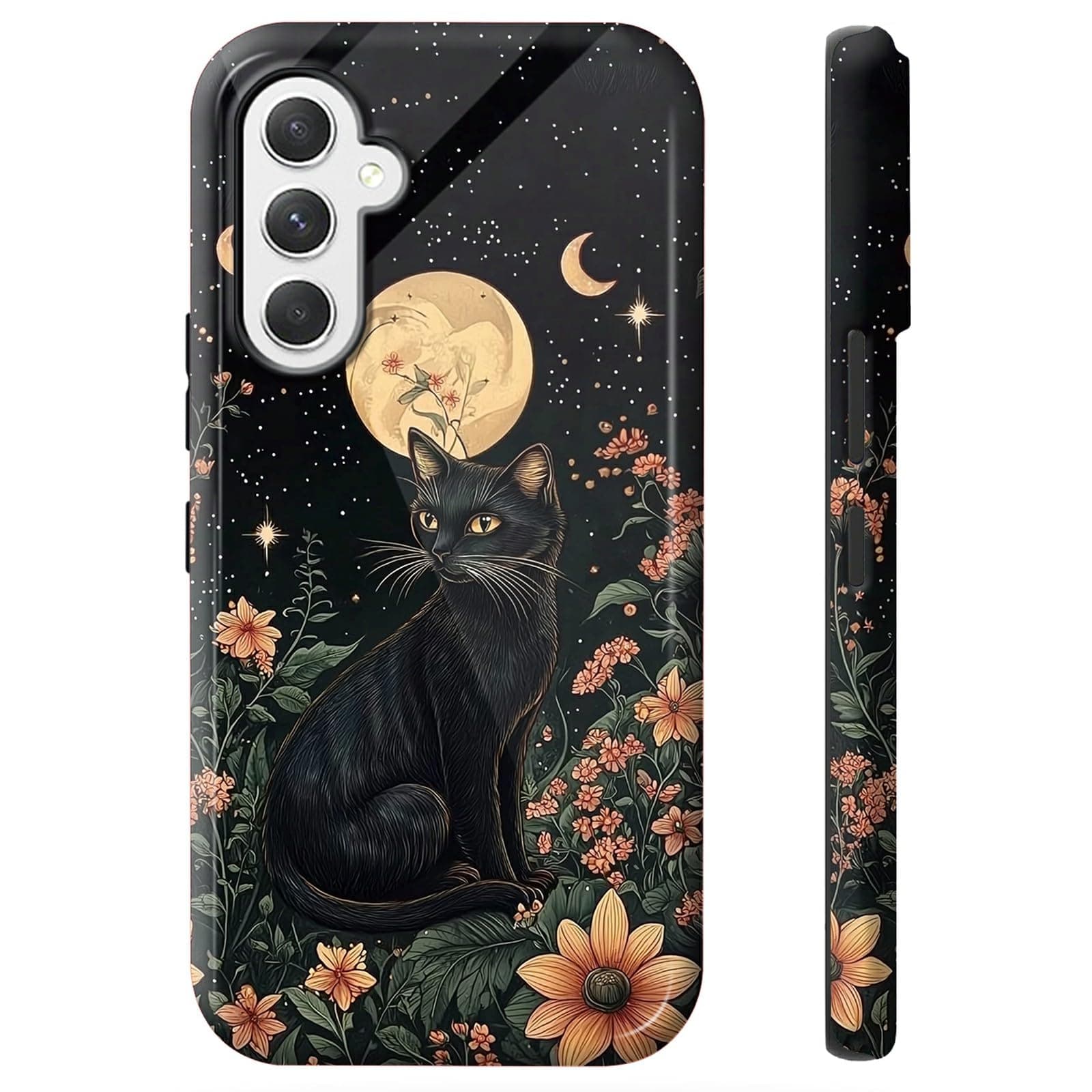 BWEGRHE Schwarze Katze Florals Handyhülle für Samsung Galaxy A54 5G, zweilagig, stoßfest, strapazierfähig, Schutzhülle mit weichem TPU + hartem PC, kratzfest, schlanke Passform, kabelloses Laden