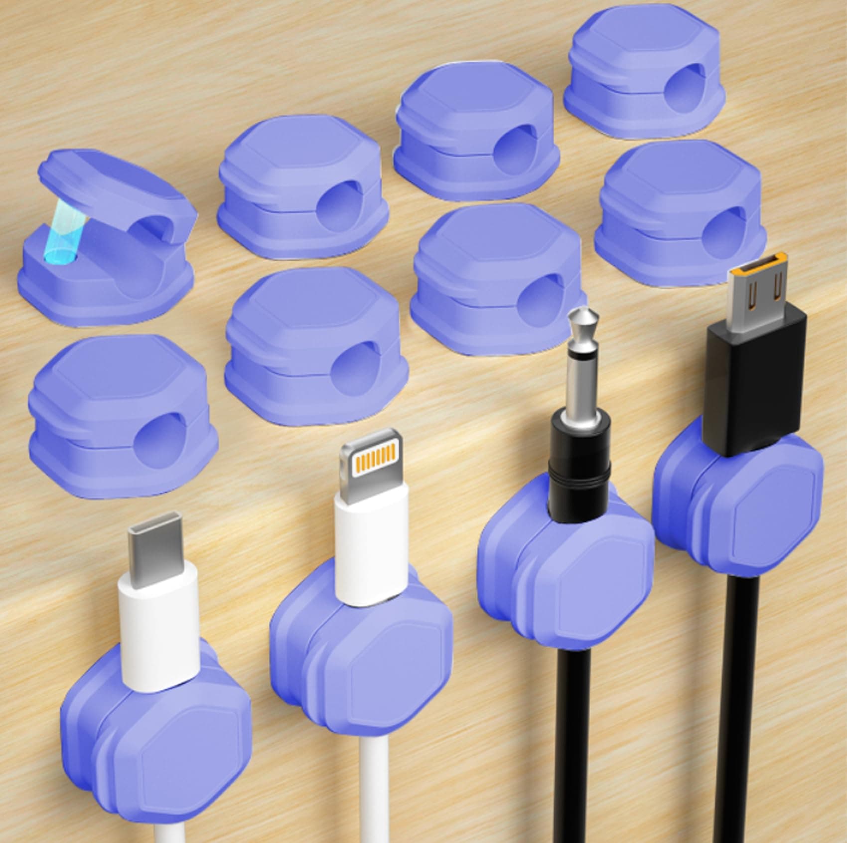 12 Pack Magnetic Cable Clips - Cord Holder - Cord Organizer for Desk, Cord Holder for Nightstand, for Desk, Nightstand, Phone Charger, Computer, Home, Office, Car (Purple)