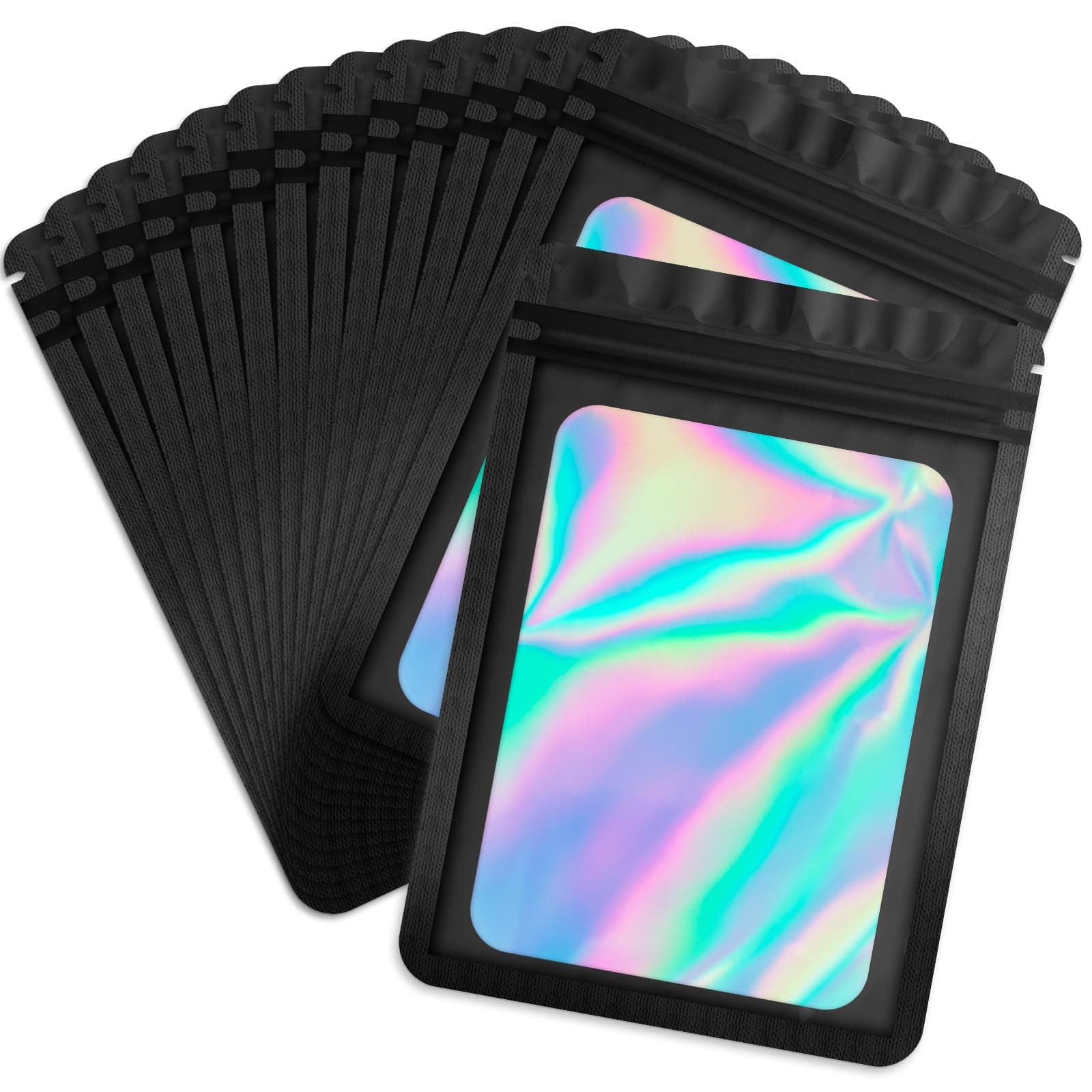 Durimoiy 100 pcs Mylar Holographic Bags Black Mini Packaging Bags,Clear Seal Resealable Foil Pouch Ziplock Bags for Earring, Ring,Small Business (Black, 2.7x8.6 Inch)