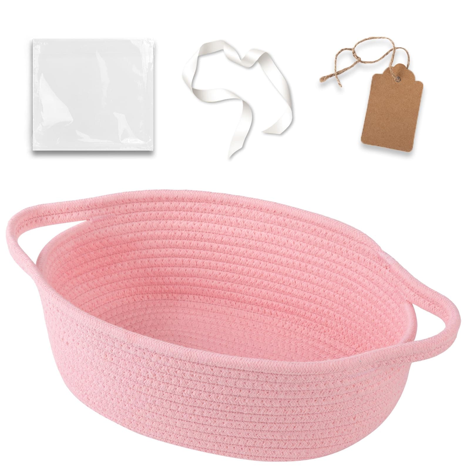 OIAHOMY Small Woven Basket with Gift Bags, Ribbons & DIY Label Card, Baskets for Gifts Empty, Small Rope Basket 12 * 8 * 5IN, Cute Decorative Baskets with Handles for Baby Pets, Toys, Pink