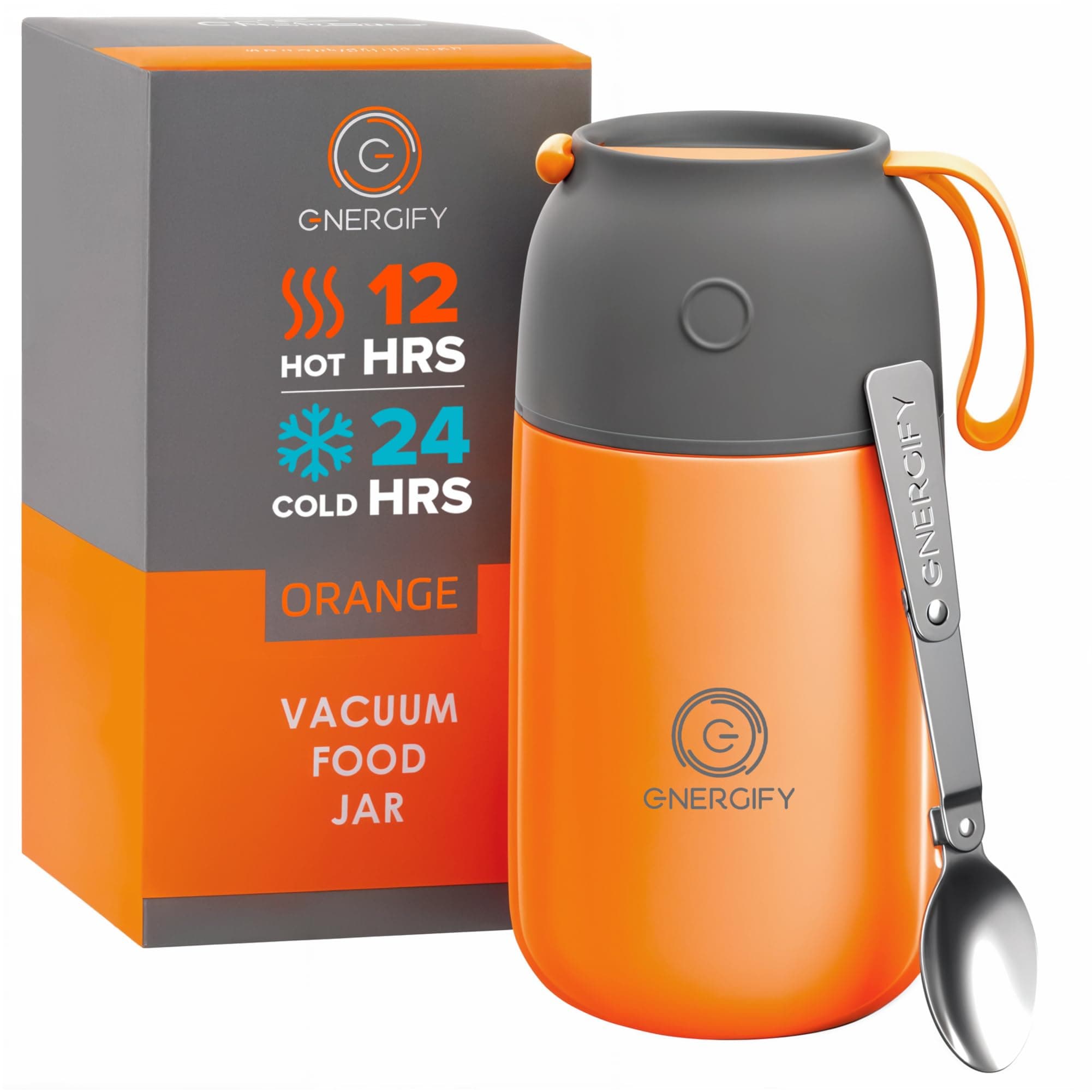 Vacuum Insulated Food Jar. Bowl incl. Folding Spoon, Cup. Wide Mouth Keep Hot & Cold Drinks Soup Lunch Container for Adults. BPA-Free Stainless Steel, Leak Proof (Orange, 24 Ounces)