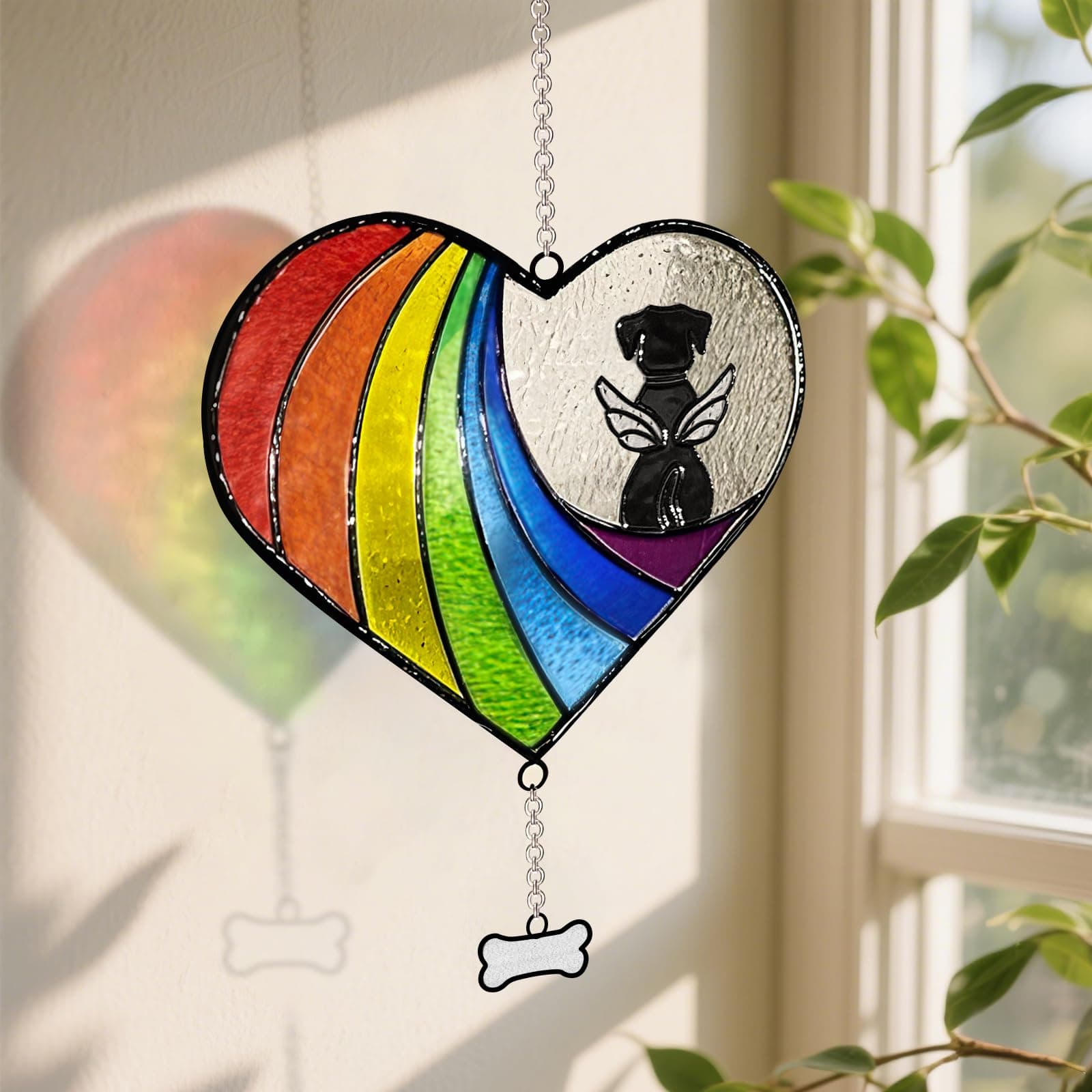 AuntyFey Stained Glass Rainbow Bridge Memorial Gifts for Loss of Dog, Window Hanging Suncatcher Sympathy Passing Away Pet Gifts, Angel Dog