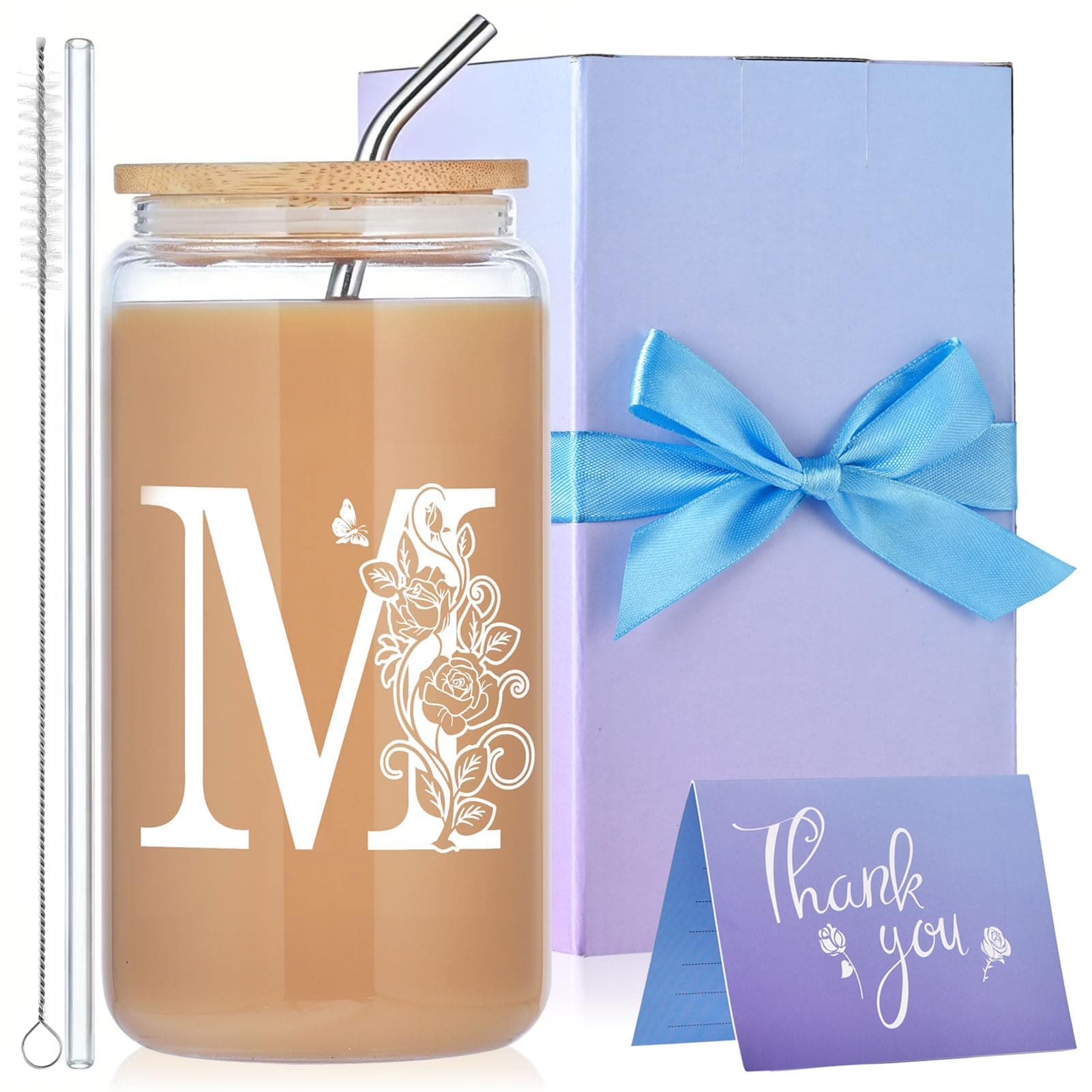 MAFYE Initial Glass Cups with Lids and Straws, 16oz Monogrammed Gift, M
