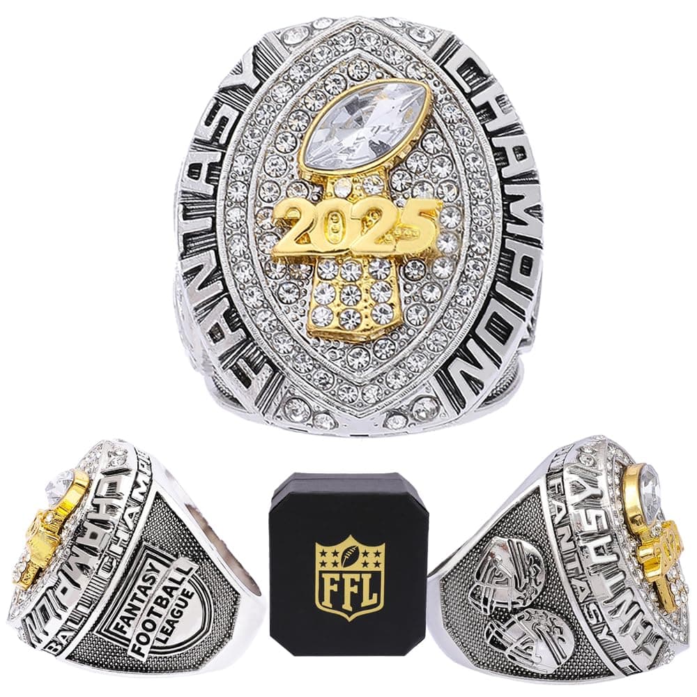 noblehead 2025 Fantasy Football Championship Ring With Trophy | Heavy FFL Champion Ring | Gold Silver Tone Plated Award Trophy for Fantasy Football League Winner (size 8 with free FFL logo box)