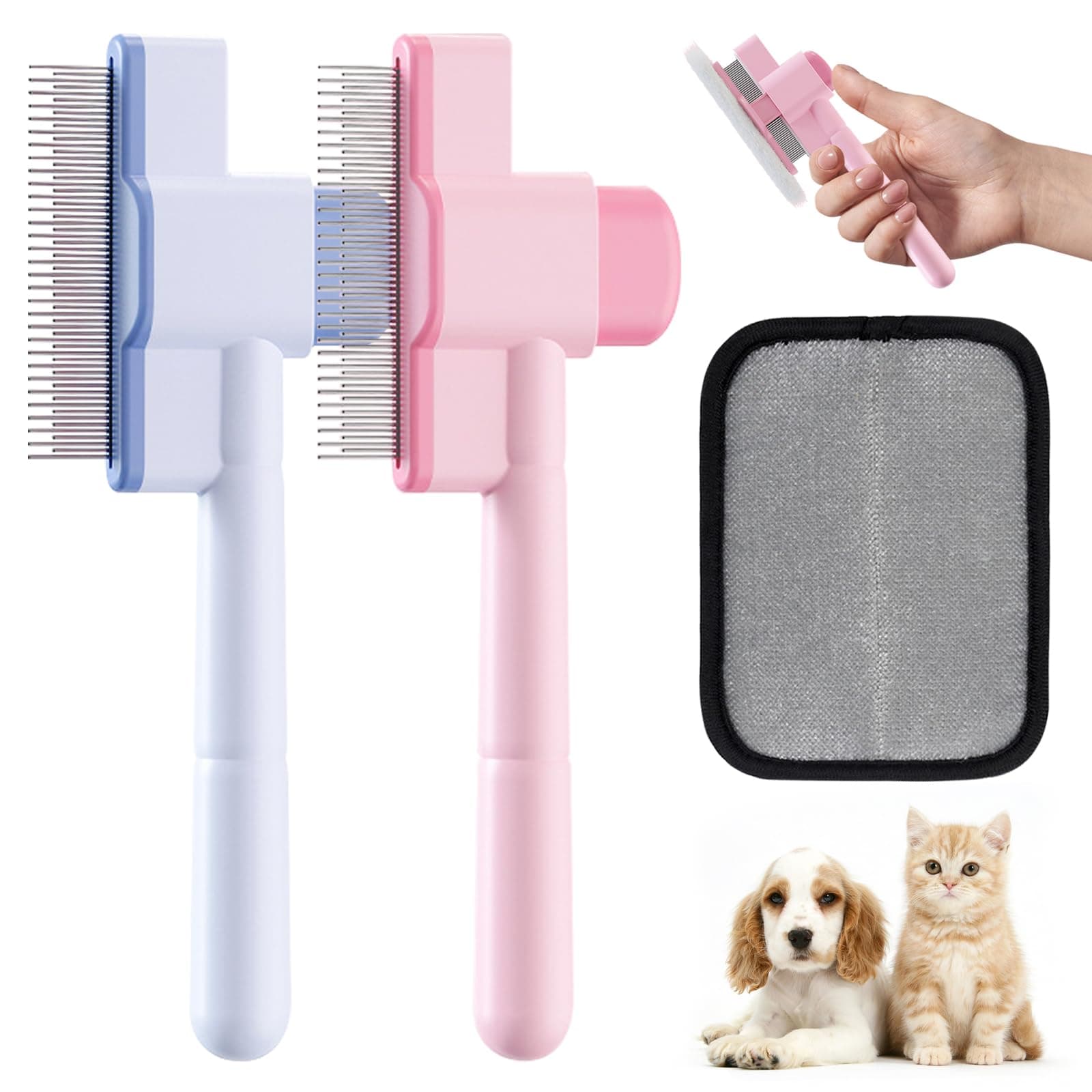 3PCS Flea Comb for Cats and Dogs with Pet Hair Remover Glove, Portable Pet Grooming Kit with a Release Button, Flea Removal Brush, Deshedding Glove for Shedding, For Pet Massage and Shed Hair Removal