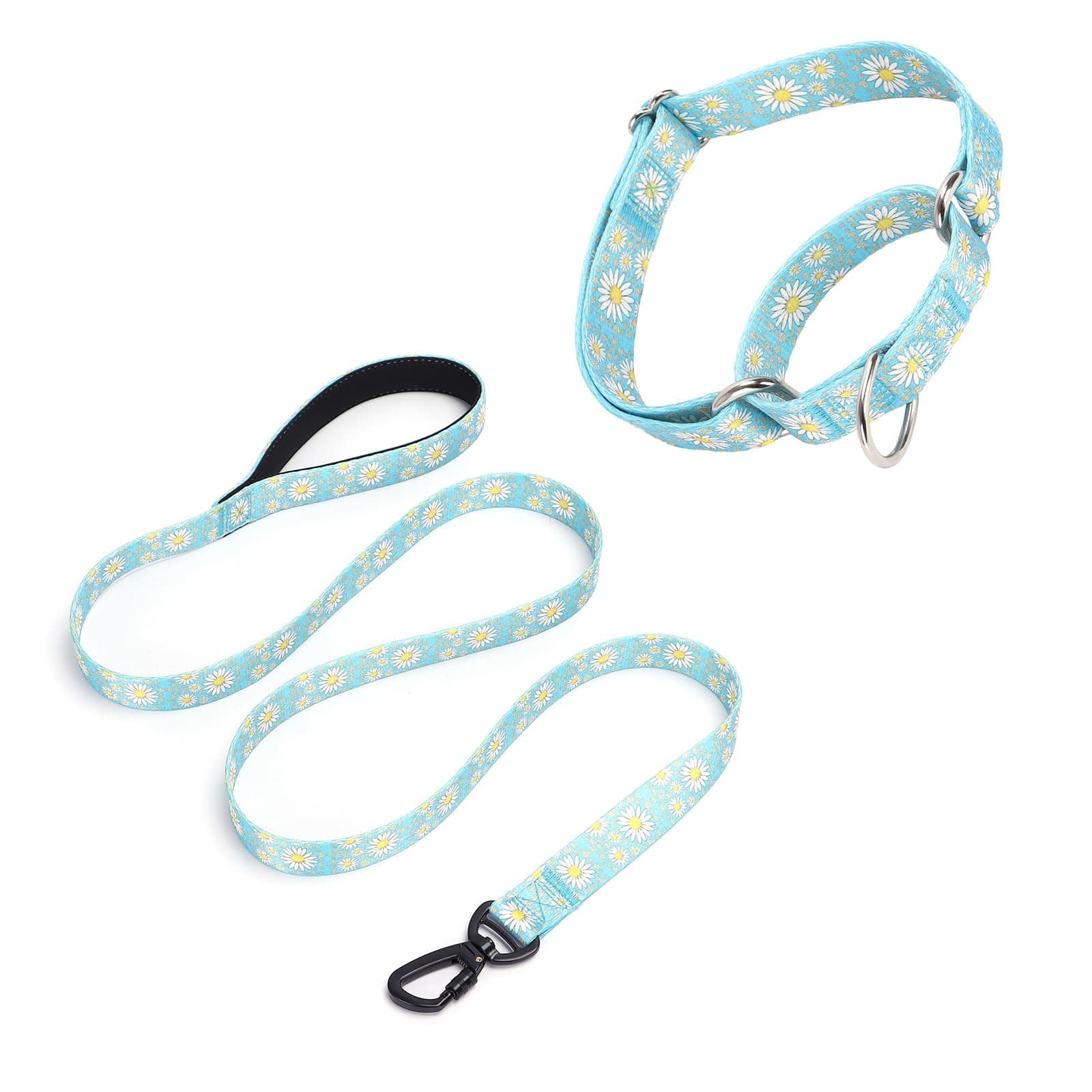Pimaodog Martingale Collar for Dogs, 5FT Dog Leash Padded, Dog Collar and Leash Set, Daisy Floral Design Pet Collar, Adjustable for Medium Large Dogs (Light Blue, Large)