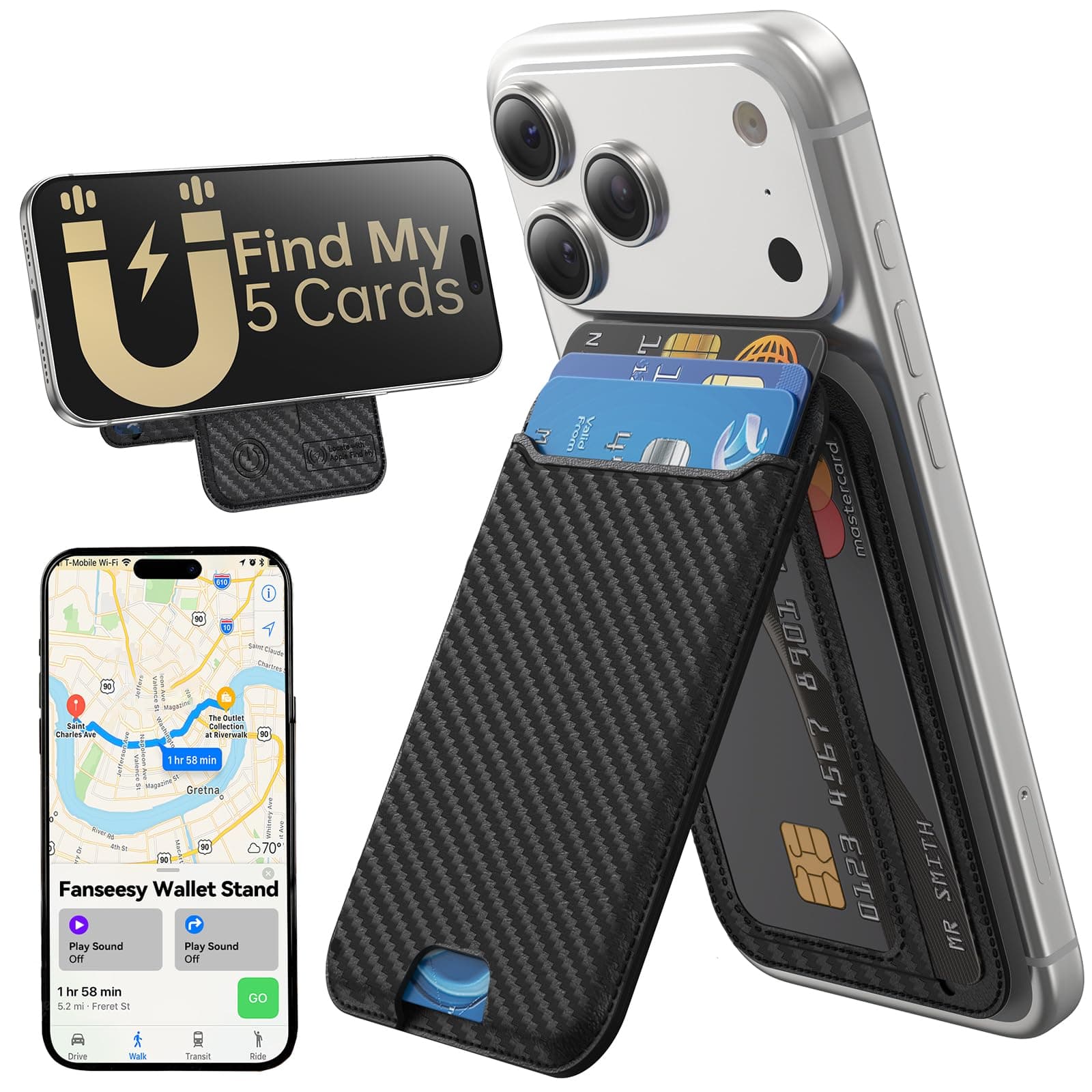 Fanseesy for MagSafe Wallet, Works with Apple Find My,5 Card Holder with Stand, Magnetic Phone Wallet Stand for iPhone 17/16/15/14/13/12 Pro Max Air Plus, RFID Blocking Vegan Leather,Carbon Fiber