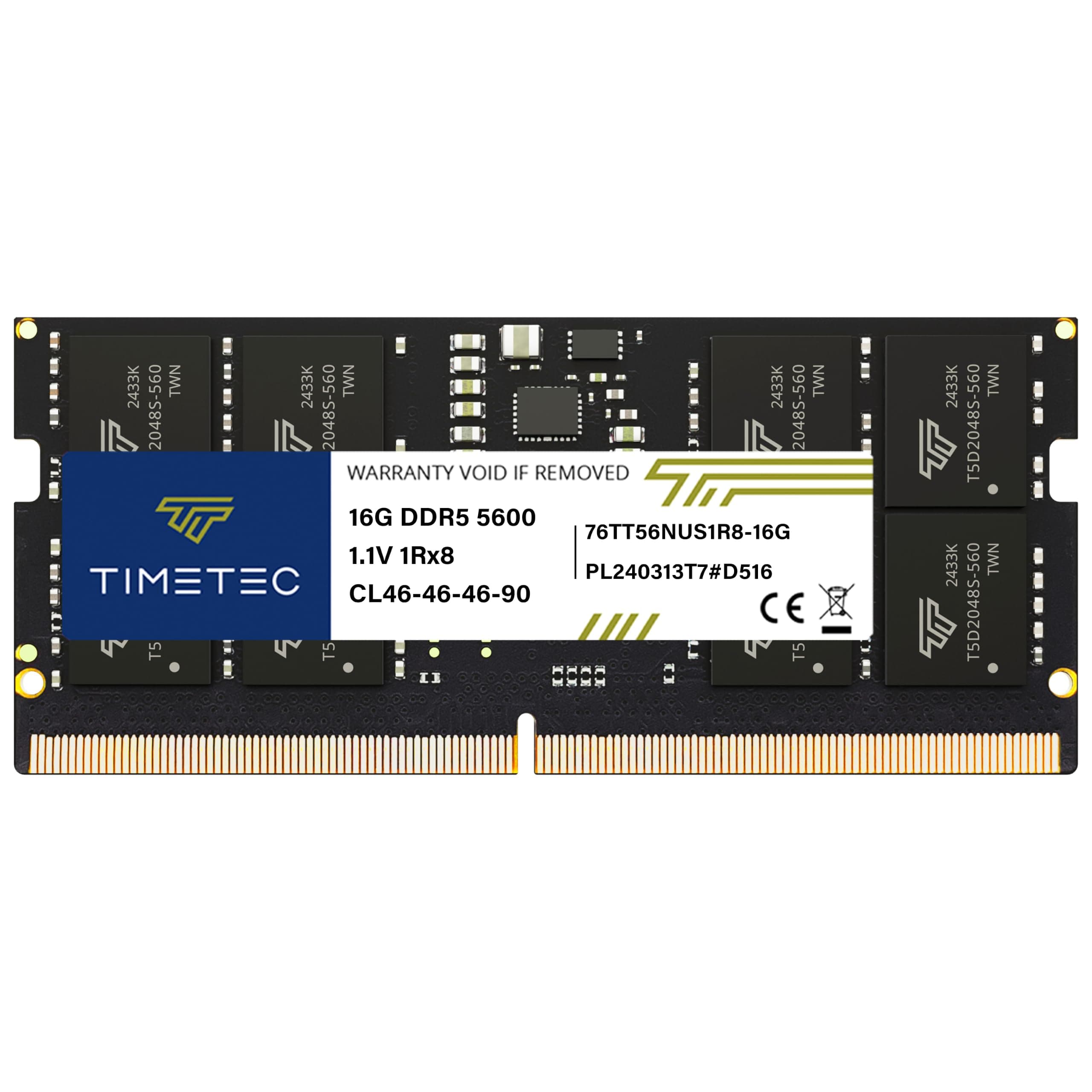 Timetec Premium 16GB DDR5 5600MHz PC5-44800 Unbuffered Non-ECC 1.1V CL46 1Rx8 Single Rank 262Pin SODIMM Laptop Memory RAM Upgrade