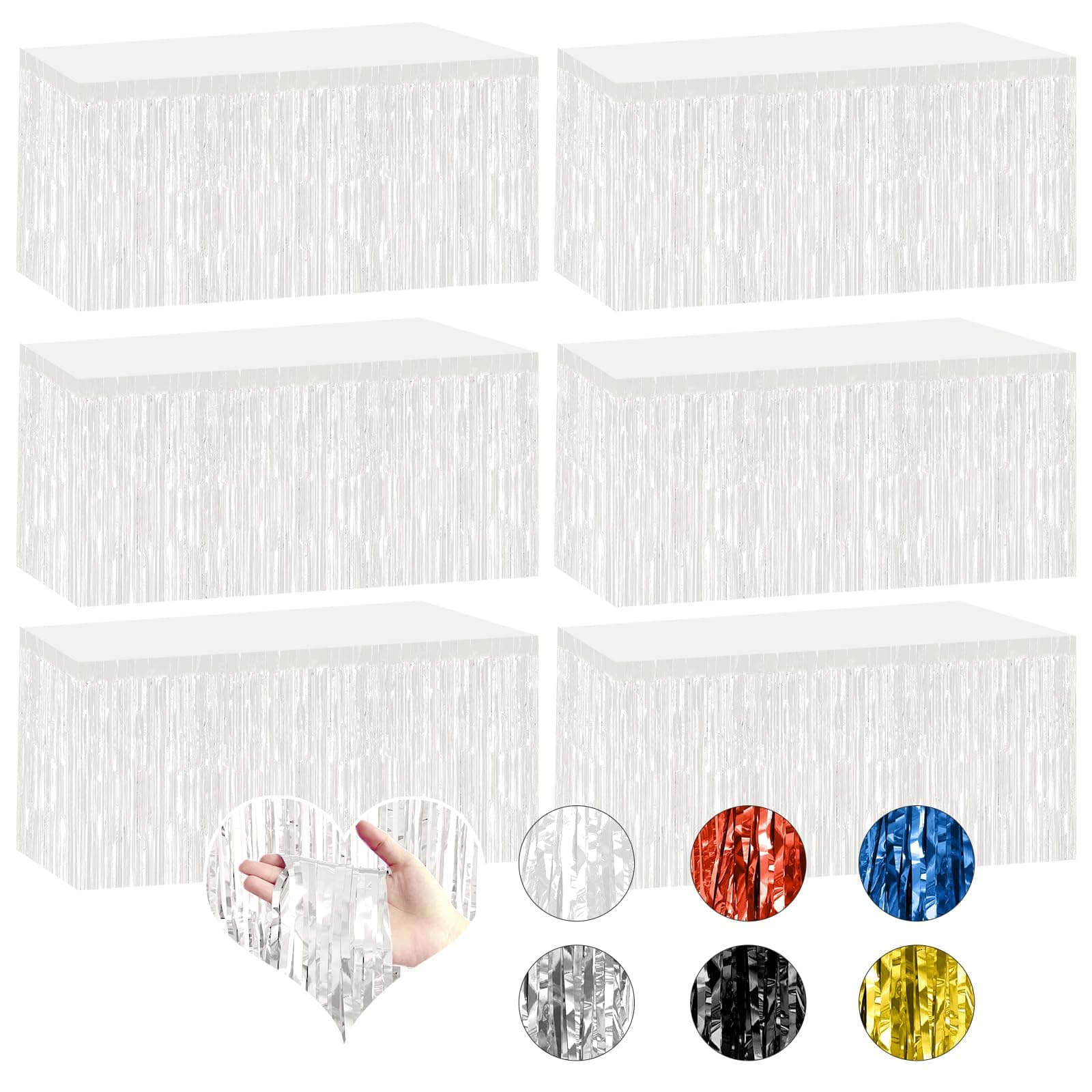 Bouiexye 6 Pack 29.5x108 Inch White Foil Tinsel Fringe Table Skirts, Disposable Table Skirts for Rectangle Tables Curtains Backdrop Parade Wedding Floats Baby Shower Birthday Mardi Gras Party