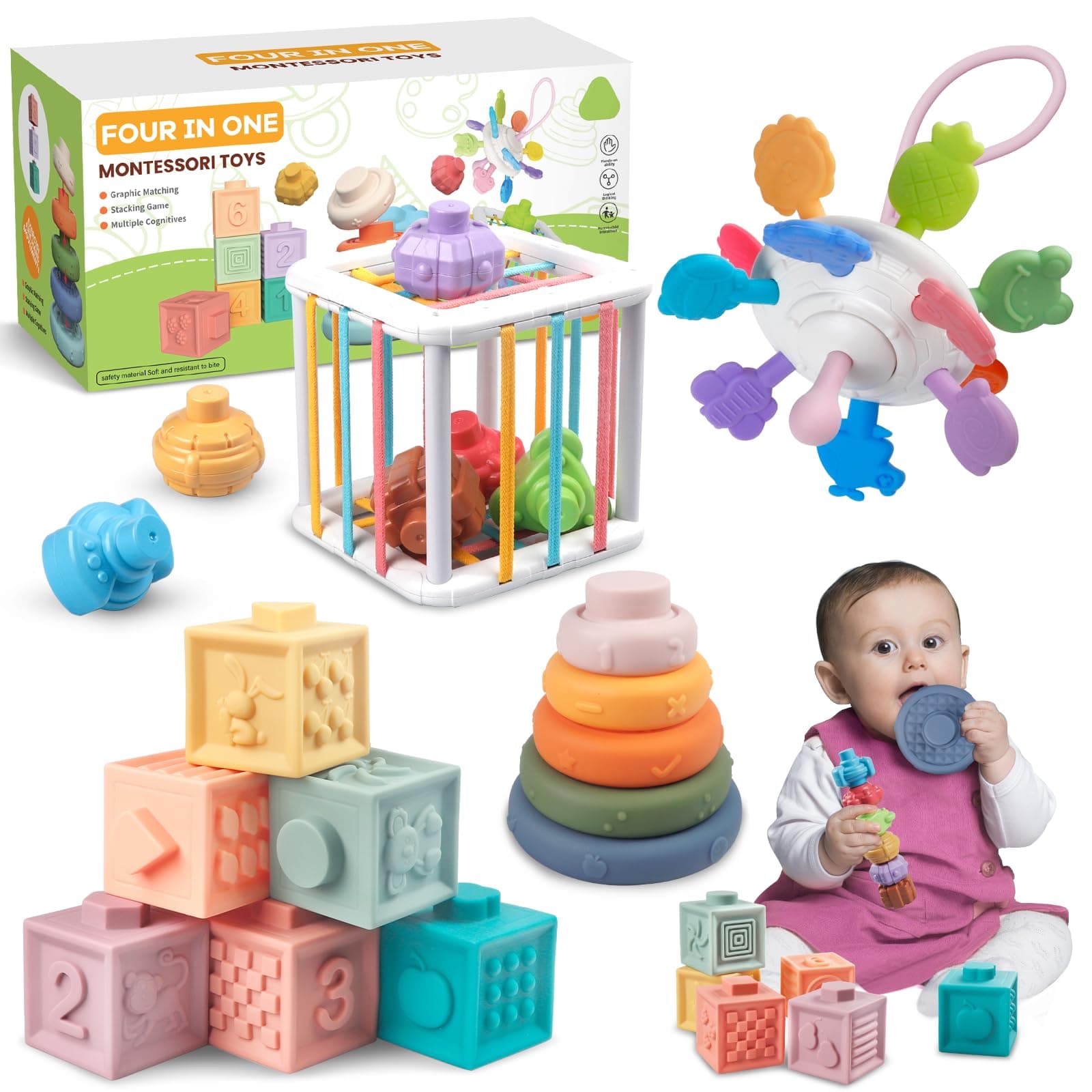 Martiount 4 in 1 Montessori Baby Toys, Soft Stacking & Sensory Set