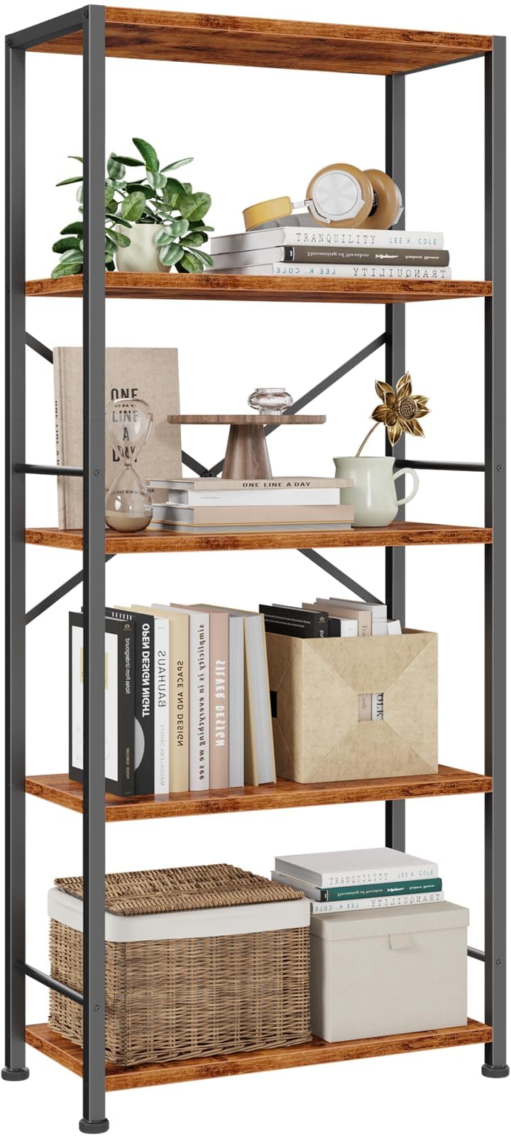 Furologee 5 Tier Book Shelf, Tall Wide Bookshelf, Industrial Open Bookcase, Display Shelves Storage Organizer, Shelving Unit for Living Room, Home Office, Bedroom, Rustic Brown