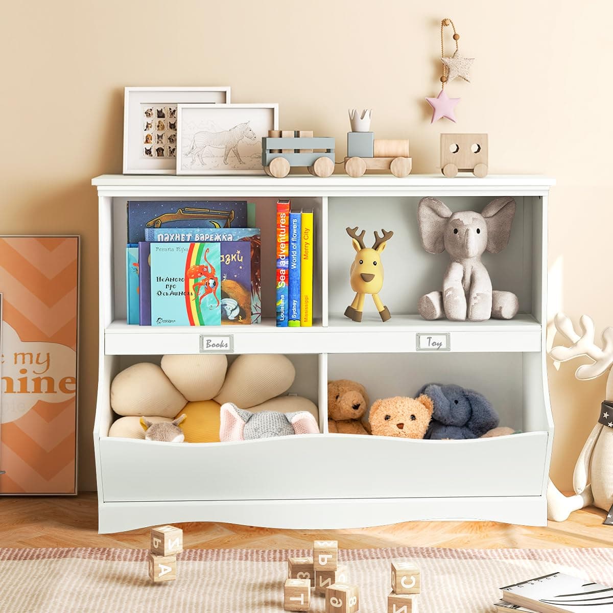 HOMGX Toy Storage Organizer, Open Kids Storage Cubby with 2 Shelves & 4 Bins, Multifunctional Toy Storage Cabinet for Nursery, Playroom(White)