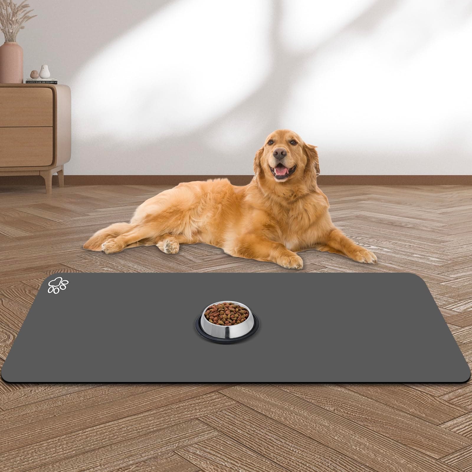 Large Pet Feeding Mat, 39.3"x15.7", Absorbent & Quick Dry, No Stains, Dog & Cat, Dark Grey, Rubber, Easy Clean, Dog Bowl Mat (39.3"x15.7"/100cm x40cm)