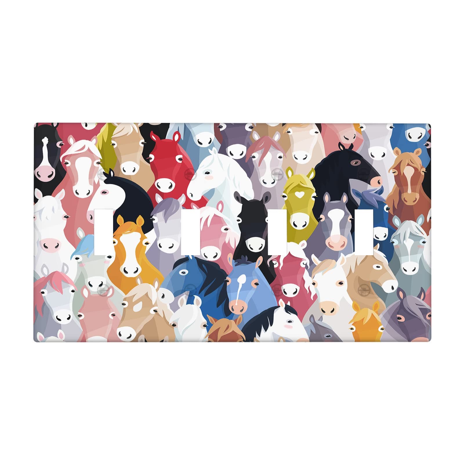Horse 4 Gang Light Switch Cover, Animal Stallion Colourful Cartoon Horses Quad Toggle Wall Plate Decorative Electrical Switchplate Cover Faceplate for Kitchen Bathroom Home Art Wall Panel Decor