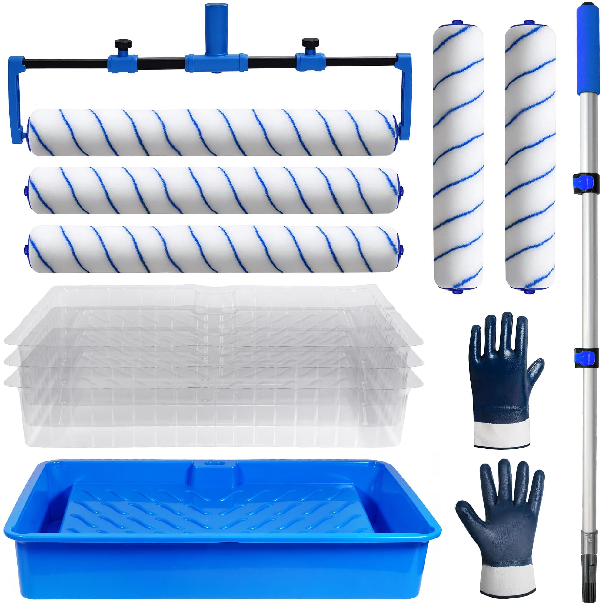 BERXOL Paint Roller Kit, Disposable Paint Tray Liners, 18in and 12in Roller Covers, 21.26~47.64in Extension Pole, Large Paint Rollers(Gloves Included)