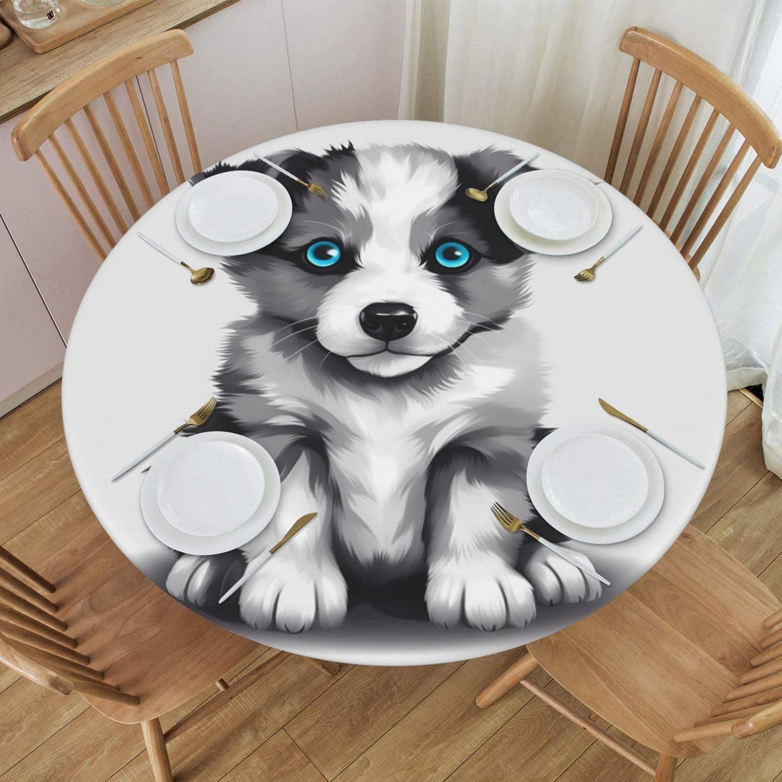 Famame Little Husky Puppy Black and White Round Fitted Tablecloth with Elastic Protector Table Kitchen Dinner Waterproof Oil-Proof Table Covers Fits 40"-44", Small