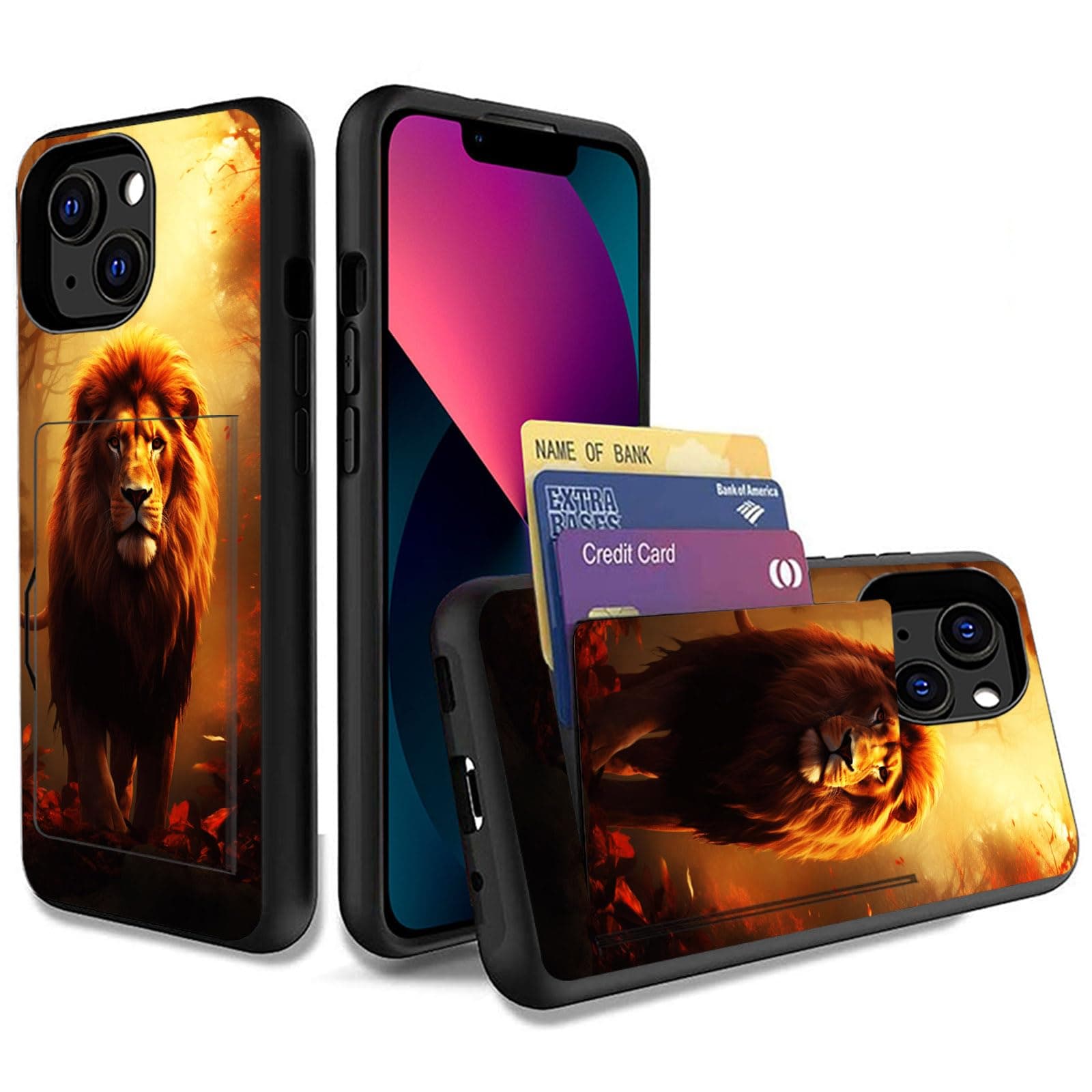 KJFHDJFDH for iPhone 15 Case,Dual Layer Smooth Hard Back Cover Wallet Pocket Credit Card ID Protective Case for iPhone 15,Lion in Forest