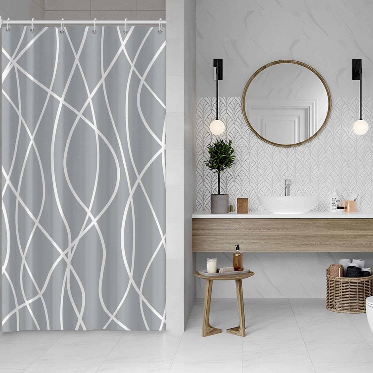 Uiiooazy Light Grey Striped Small Shower Curtain for Bathroom 36"x72", Wave Line Stall RV Shower Curtain Set with Hooks 72 Inches Long Boho Fabric Waterproof Hotel Bath Accessories Machine Washable