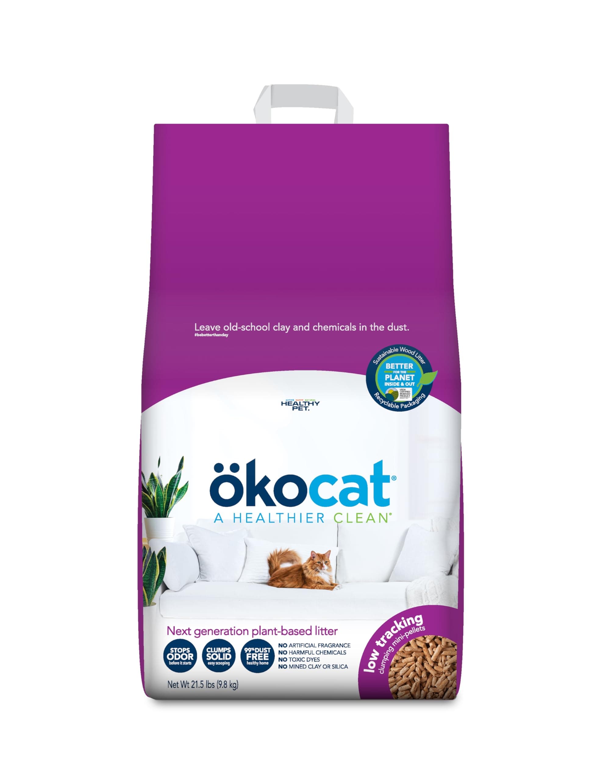 ökocat Less Mess Low Tracking Wood Clumping Cat Litter Mini- Pellets, Unscented, 21.5 pounds - Natural Ingredients, Stops Odor, Clumps Solid, 99% Dust Free, Great for Long-Hair Breeds