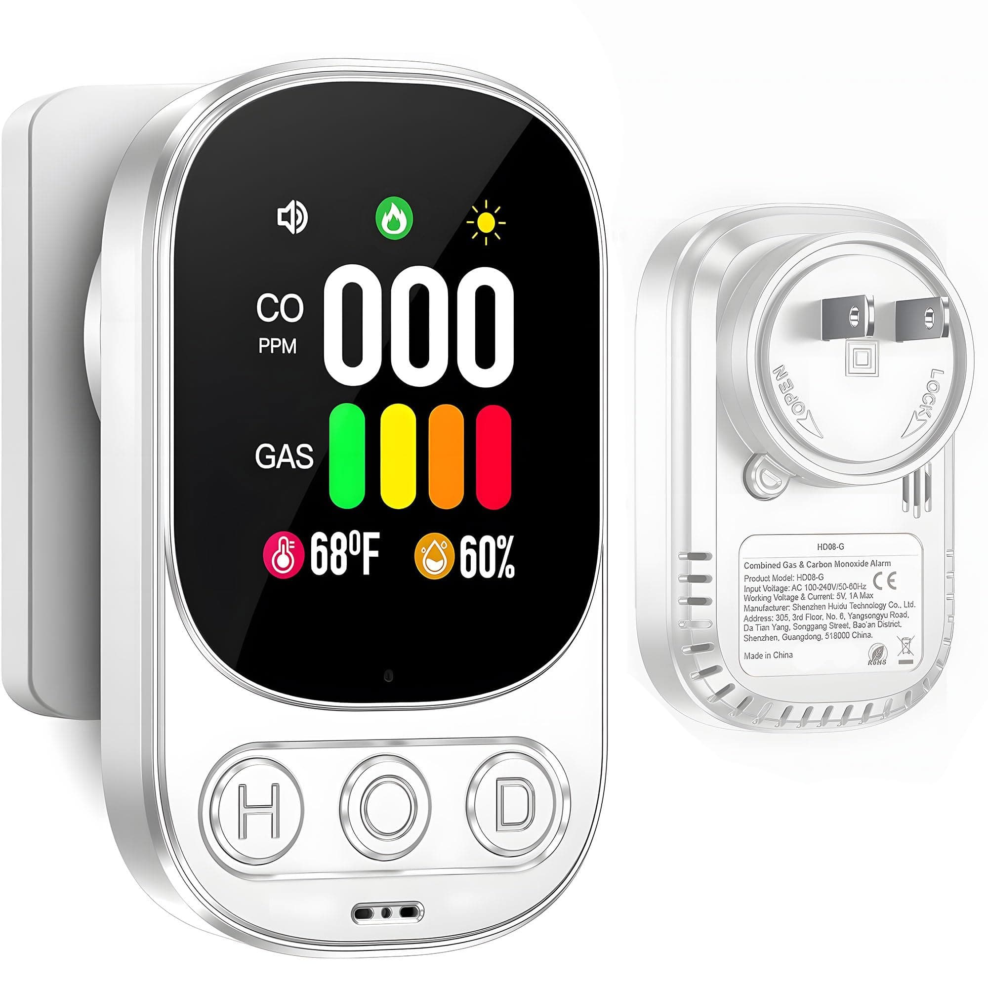 AMDV 4 in 1 Carbon Monoxide Detector Plug in Wall, Natural Gas Detector Fire Alarm with HD Display Monitors Audible & Visual Alerts, CO Detector(CO, Gas, Temperature & Humidity) for Home, Apartment