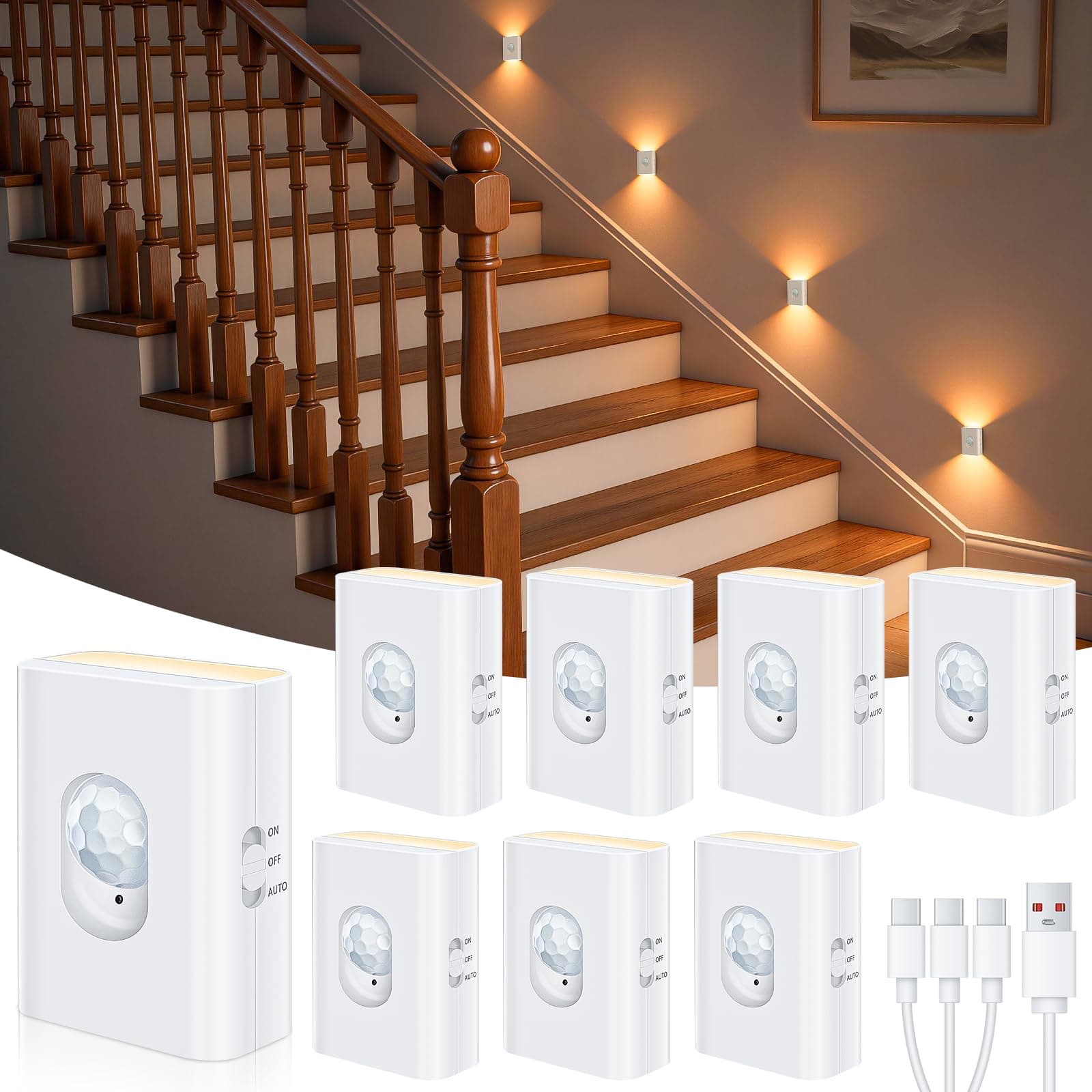 WILLED Motion Sensor Stair Light Indoor, USB Rechargeable Night Light, Mini Soft White Stair Lights, LED Sensor Lights Indoor for Stairs, Hallway, Bathroom, Bedroom, Kitchen(8 Pack)