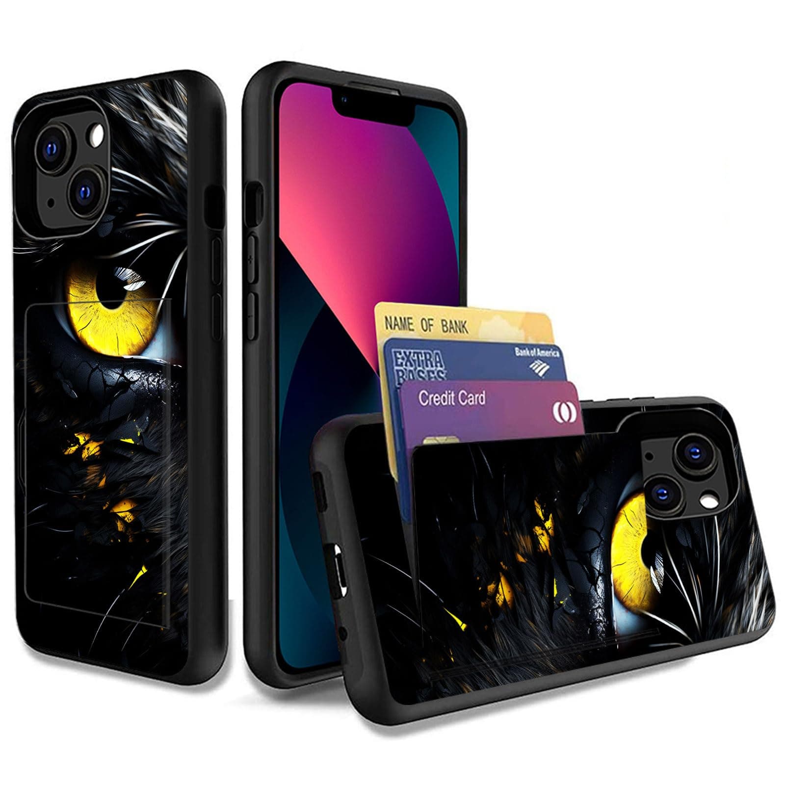 KJFHDJFDH for iPhone 13 Mini Case,Dual Layer Smooth Hard Back Cover Wallet Pocket Credit Card ID Protective Case for iPhone 13 Mini,Mystic Yellow Eye Art