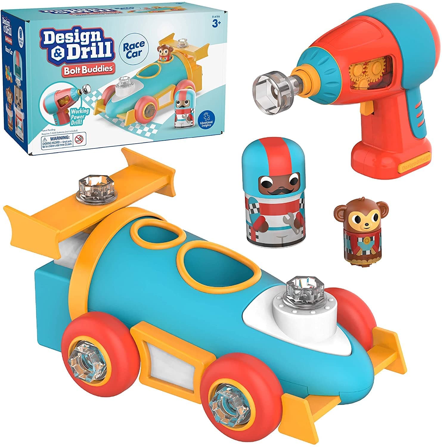 Educational Insights Design & Drill Bolt Buddies Race Car - Building Construction Toys for Toddlers 3-5, Toy Car Building Kit, Kids Tool Set with Electric Toy Drill, Toddler STEM Toys