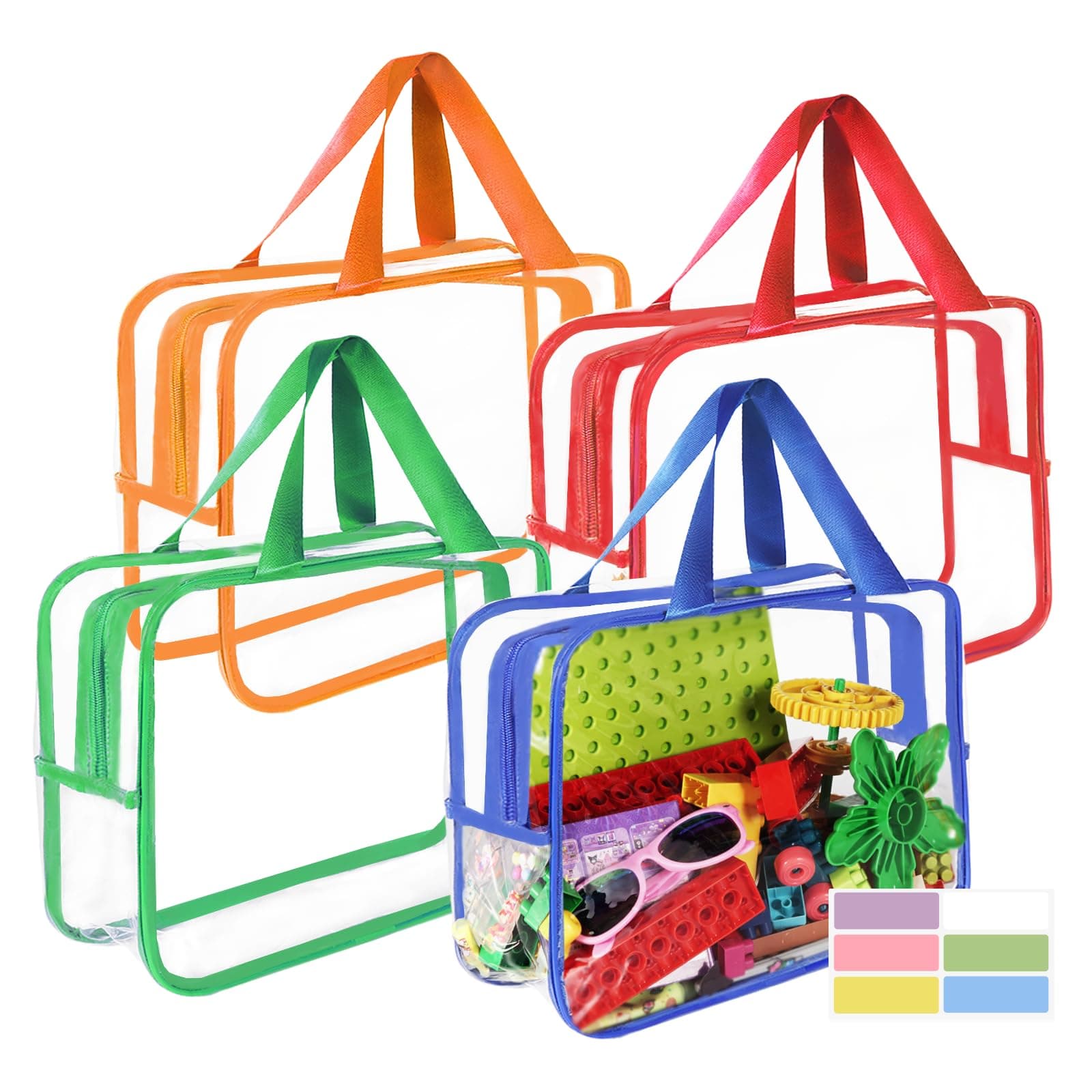 Jiejieko 4 Pcs Toy Storage Bags, Clear PVC Toy Organizer with Zipper, Waterproof Travel Bags with Labels for Building Blocks, Puzzle, Kids Books (multicolor2)