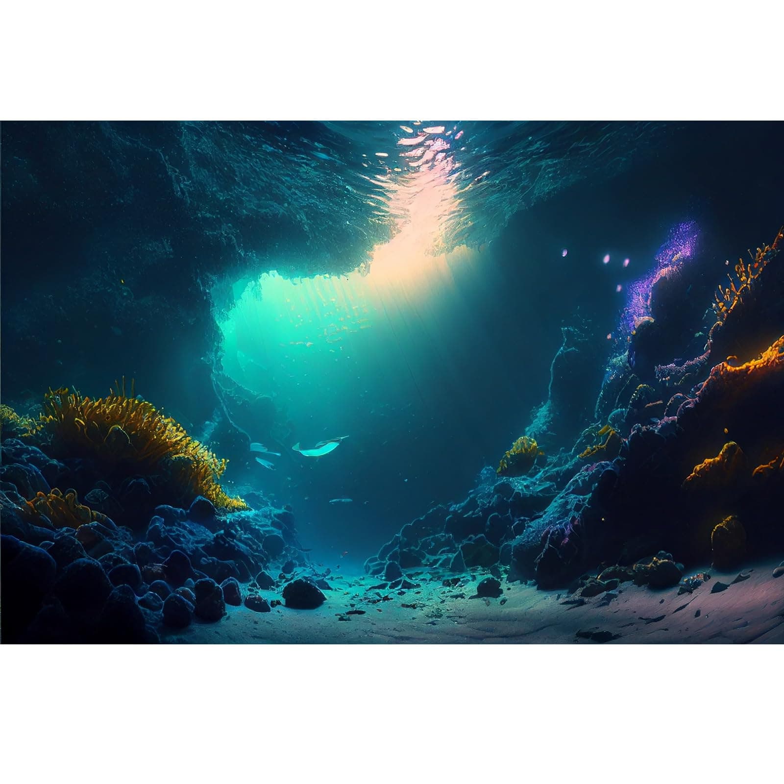 Riivvdise Ocean Floor Fish Tank Background Underwater Stone Aquarium Background Under Water Cave Sunlight Fish Tank Backdrop Decoration Seaweed Aquarium Backdrop Durable Vinyl 48x24in